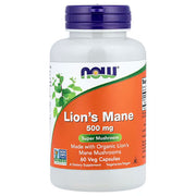 NOW Lion's Mane 500mg 60 Veg Capsules - Organic Super Mushroom - Non-GMO Vegan - Brain & Nerve Support