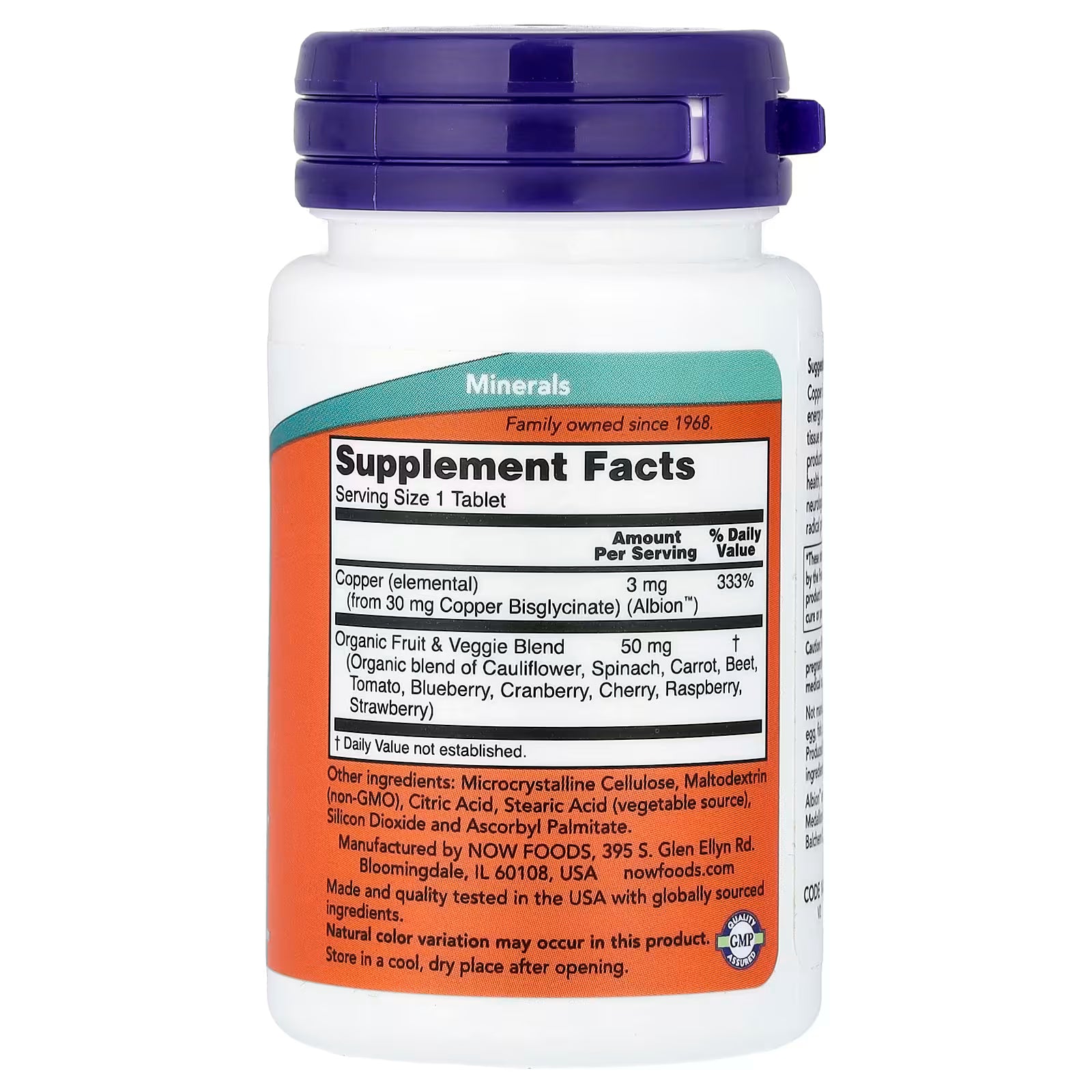 NOW Foods Copper Glycinate 3mg Supplement Facts Label - Serving Size 1 Tablet, Copper Elemental 3mg 333% DV from 30mg Copper Bisglycinate Albion™, Organic Fruit & Veggie Blend 50mg, Other Ingredients Microcrystalline Cellulose Maltodextrin Citric Acid Stearic Acid Silicon Dioxide, GMP Quality Assured, Made in USA - docxora.com
