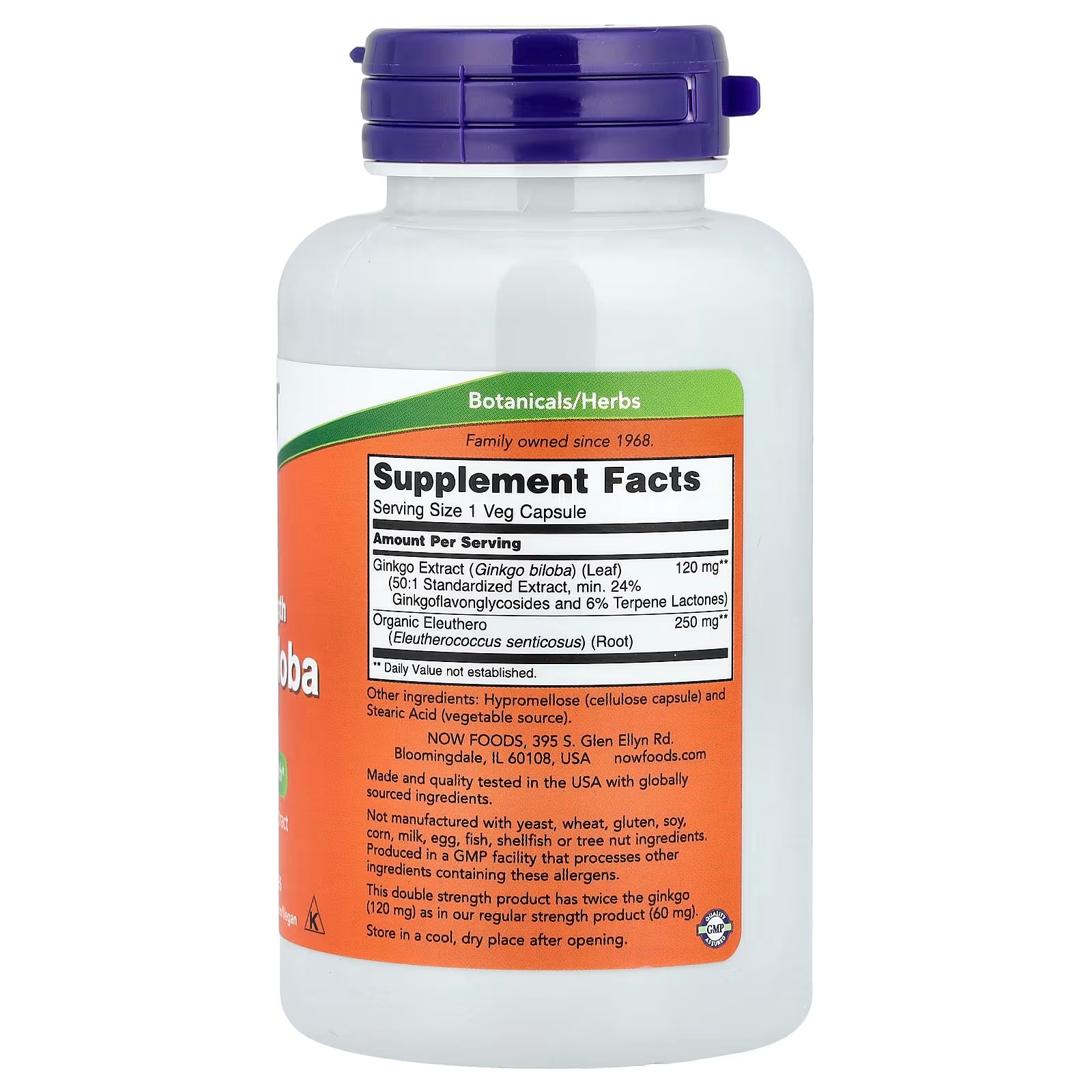 NOW Foods Ginkgo Biloba Supplement Facts showing Ginkgo Extract 120mg, Organic Eleuthero 250mg, vegetarian capsule ingredients and USA manufacturing details, available at docxora.com Pakistan.