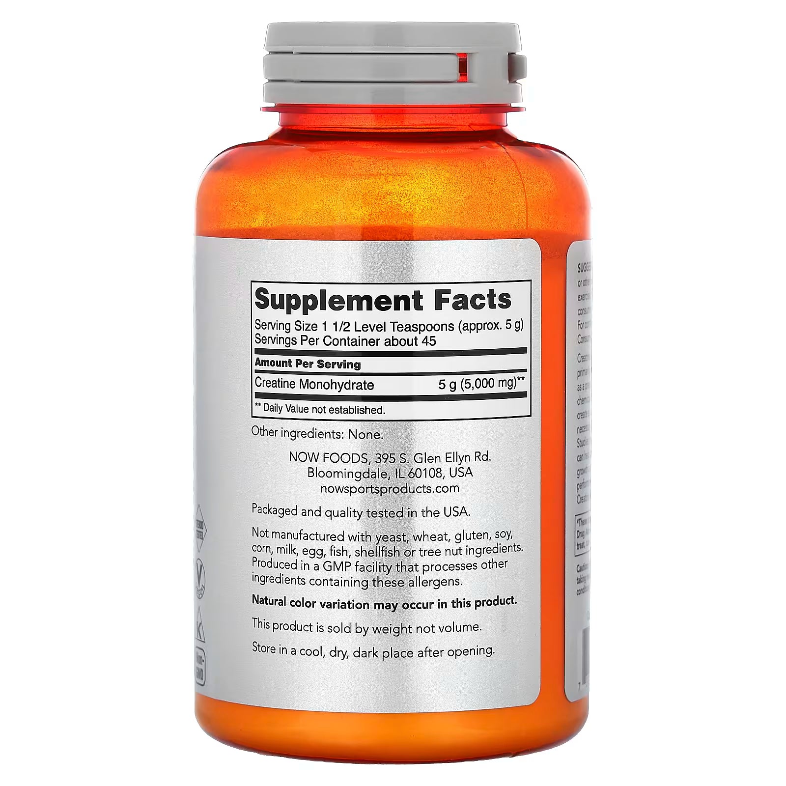 NOW Sports Creatine Monohydrate Supplement Facts - 5g per serving, 45 servings, no other ingredients, GMP Certified, Made in USA - docxora.com Pakistan
