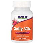 NOW Foods Daily Vits™ Multi Vitamin & Mineral 100 Tablets bottle front — One Tablet Daily, With Lutein & Lycopene, Non-GMO, Vegetarian/Vegan, Kosher, family owned since 1968