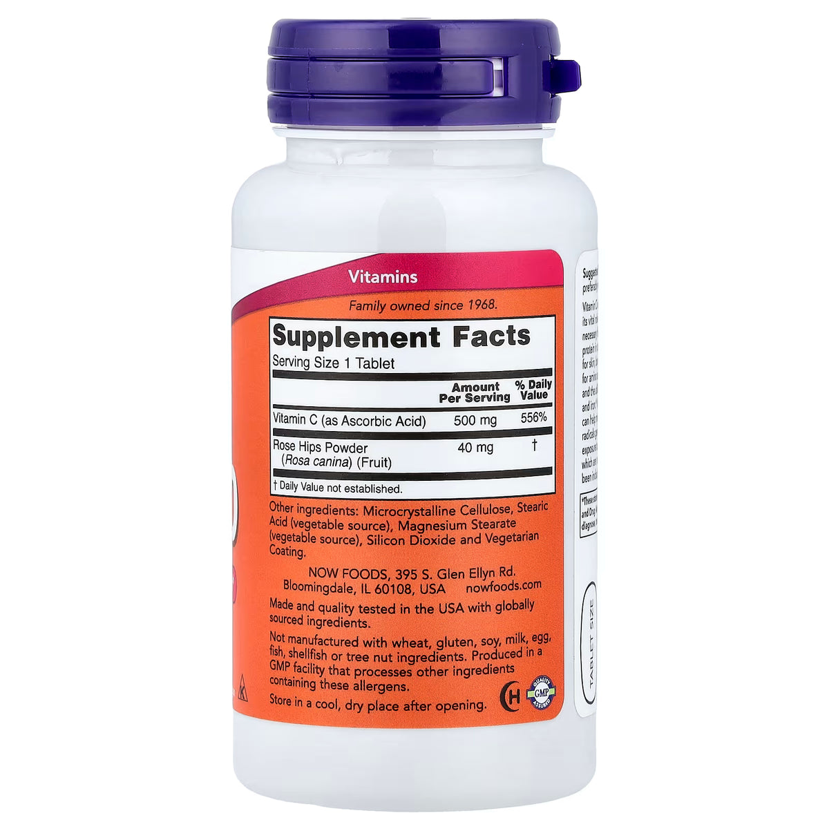 NOW Foods C-500 Supplement Facts – Serving Size 1 Tablet, Vitamin C (as Ascorbic Acid) 500mg 556% DV, Rose Hips Powder (Rosa canina) 40mg, GMP Certified, Made in USA – docxora.com
