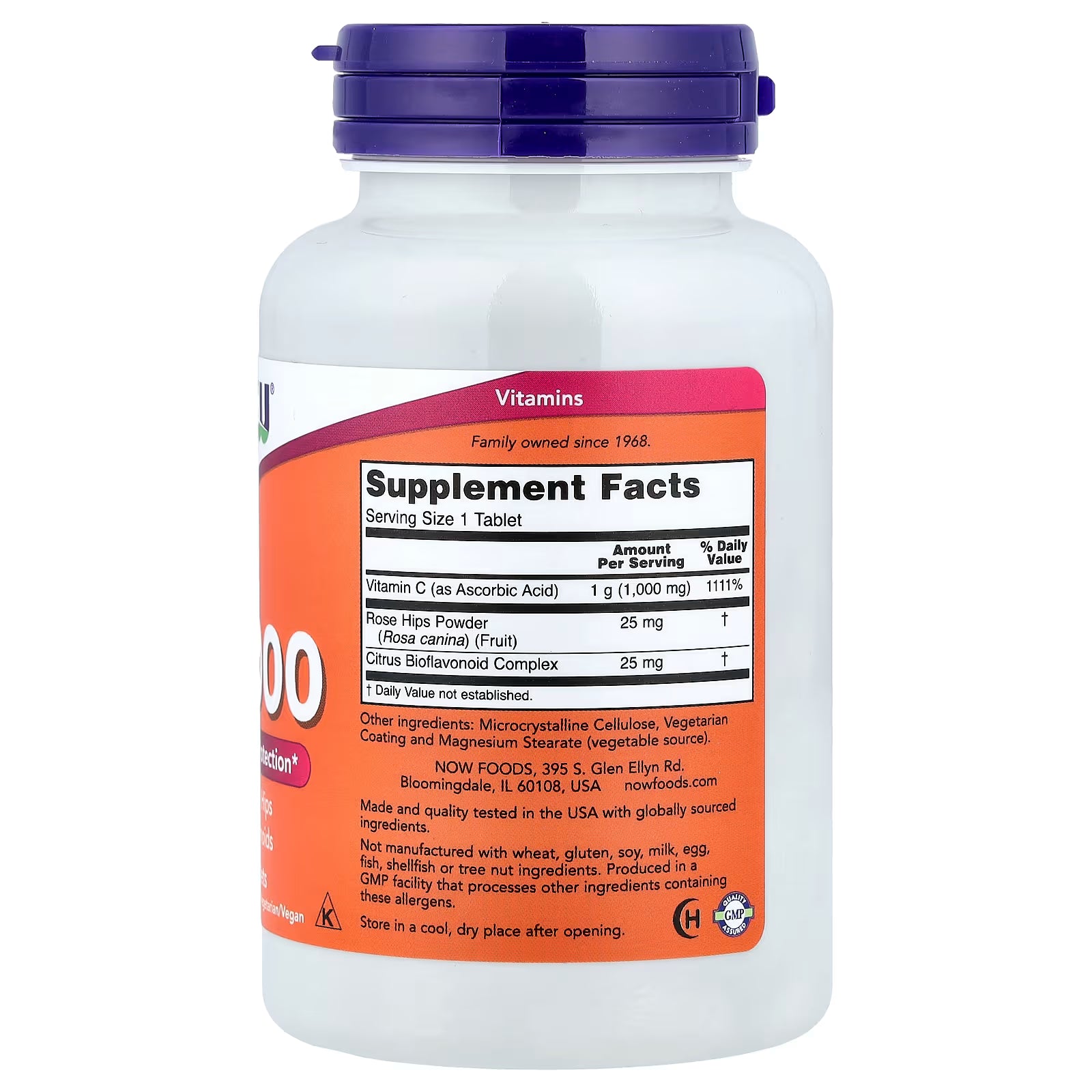 NOW Foods Vitamin C-1000 Supplement Facts – Serving Size 1 Tablet, Vitamin C (Ascorbic Acid) 1000mg, Rose Hips Powder 25mg, Citrus Bioflavonoid Complex 25mg, GMP Certified, Made in USA – docxora.com
