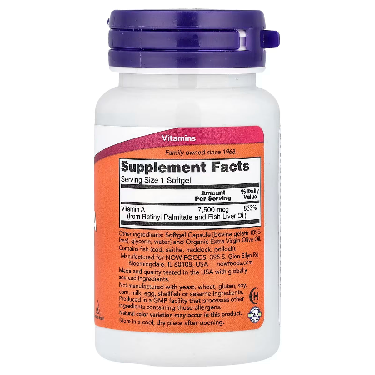 NOW Foods Vitamin A 25000 IU Supplement Facts - 7500mcg from Retinyl Palmitate and Fish Liver Oil - Organic Extra Virgin Olive Oil Bovine Softgel - GMP Certified Family Owned Since 1968 - docxora.com