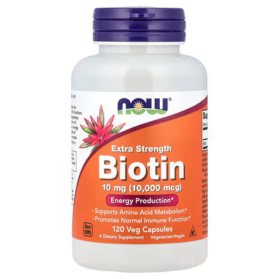 NOW Foods Extra Strength Biotin 10mg 10000mcg 120 Veg Capsules Bottle - Energy Production, Hair Skin Nails Support, Vegetarian Vegan Non-GMO Dietary Supplement