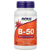 NOW B-50 Complex 100 Tablets - B-Complex for nervous system health and energy production, vegetarian and vegan, non-GMO, available in Pakistan at docxora.com
