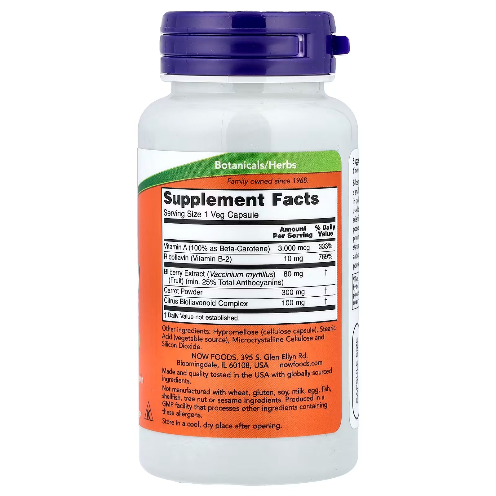 NOW Foods Bilberry Complex Supplement Facts – Vitamin A 3000mcg, Riboflavin 10mg, Bilberry Extract 80mg, Carrot Powder 300mg, Citrus Bioflavonoid Complex 100mg – GMP Quality Assured, Made in USA – docxora.com
