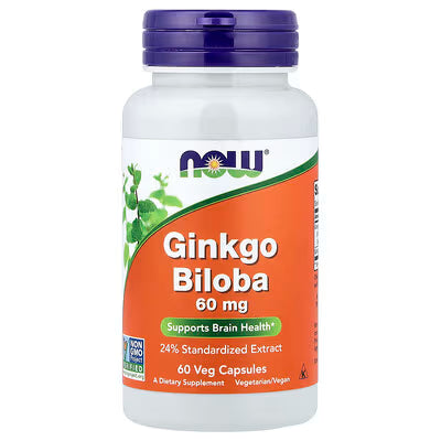 "Now Foods Ginkgo Biloba 60mg 60 Veg Capsules - 24% Standardized Extract for Brain Health, Memory & Focus - Vegetarian & Vegan"