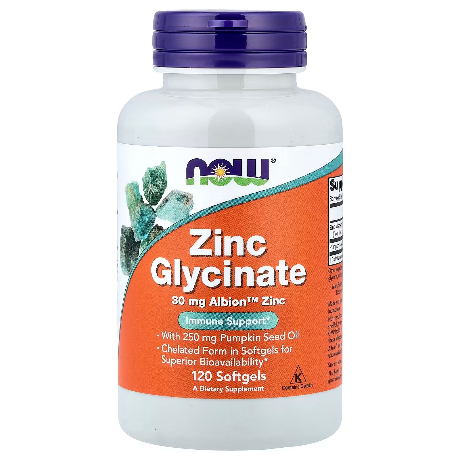 NOW Foods Zinc Glycinate 30mg 120 Softgels - Albion Zinc Chelate with 250mg Pumpkin Seed Oil, Immune Support, Superior Bioavailability - Available at docxora.com Pakistan
