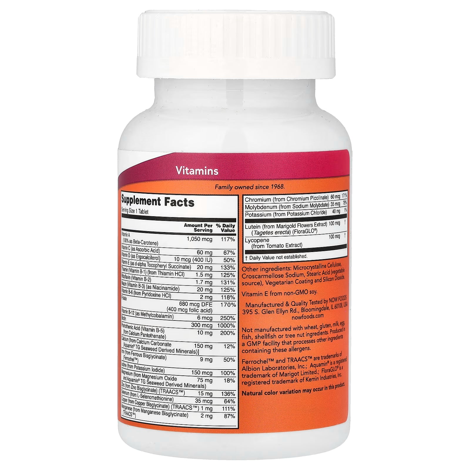 NOW Foods Daily Vits™ 100 Tablets bottle back — full supplement facts panel with vitamins, minerals, Lutein FloraGLO, Lycopene from Tomato Extract, TRAACS chelated minerals, Aquamin seaweed-derived calcium, manufactured by NOW Foods Bloomingdale IL USA