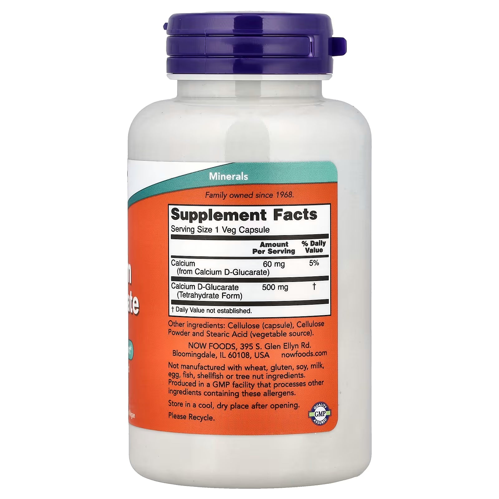 NOW Foods Calcium D-Glucarate 500mg Supplement Facts – 500mg Calcium D-Glucarate (Tetrahydrate Form) + 60mg Calcium per serving, GMP Certified, Made in USA – docxora.com
