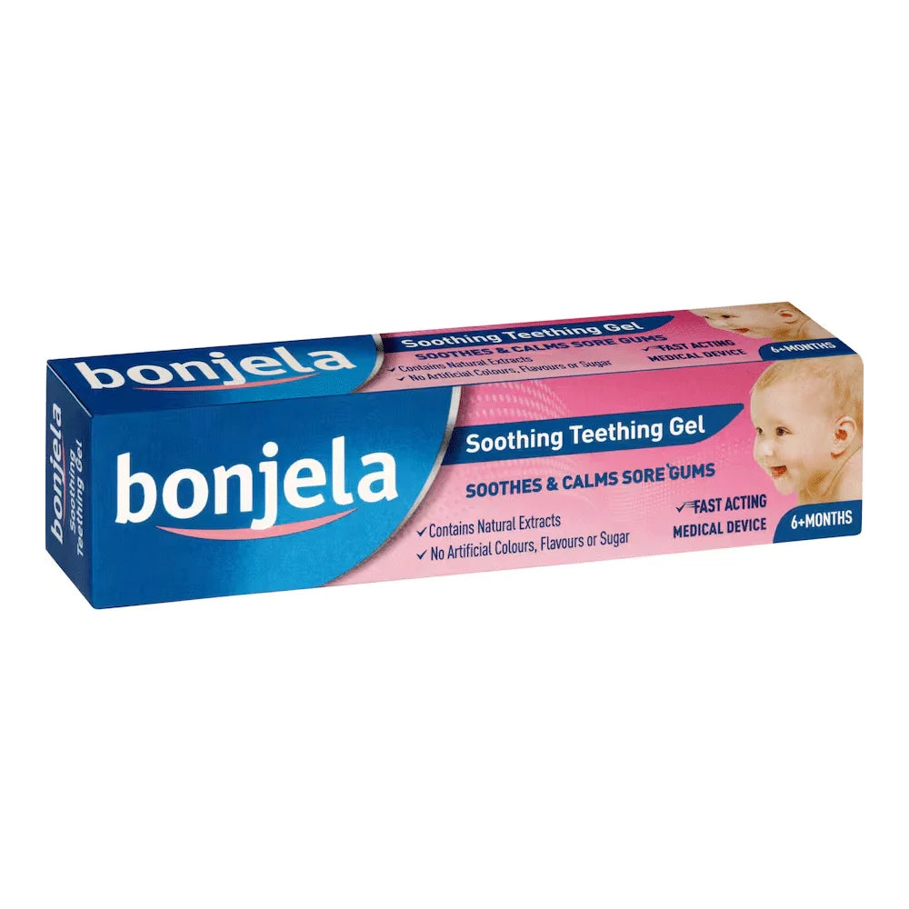 
Bonjela Soothing Teething Gel for babies 6+ months, fast-acting gel with natural extracts to soothe sore gums, product pack on white background, available at docxora.com Pakistan