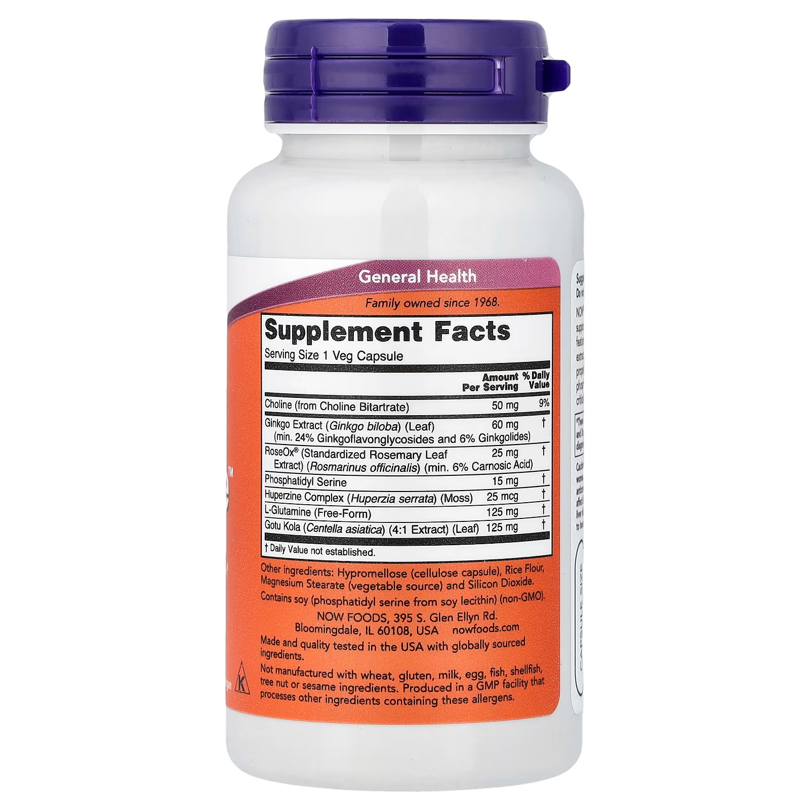 NOW Foods Brain Elevate Supplement Facts – Choline 50mg, Ginkgo Extract 60mg, RoseOx 25mg, Phosphatidyl Serine 15mg, Huperzine 25mcg, L-Glutamine 125mg, Gotu Kola 125mg, GMP Certified, Made in USA – docxora.com