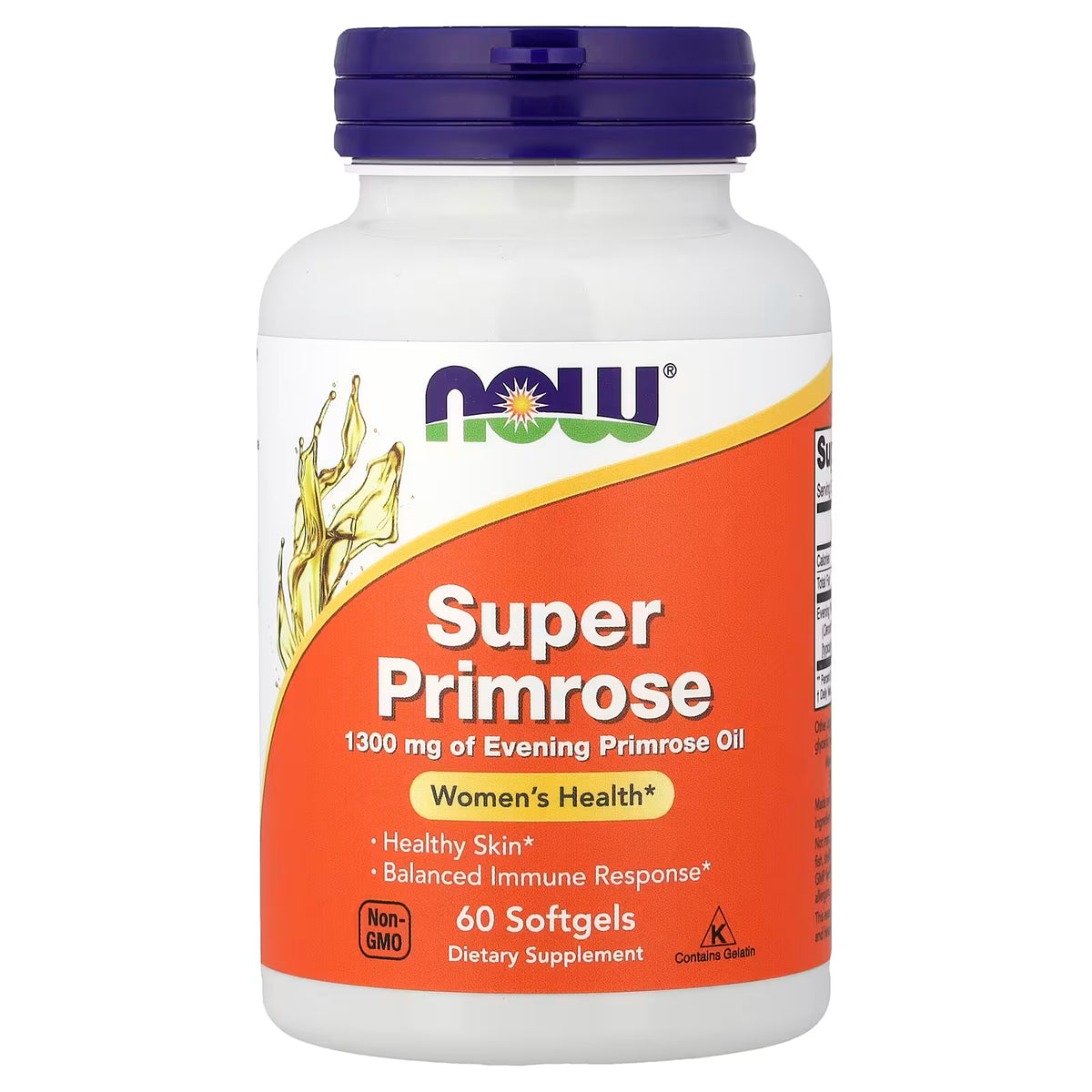 NOW Foods Super Primrose 1300mg Evening Primrose Oil, 60 softgels, front bottle view at docxora.com Pakistan