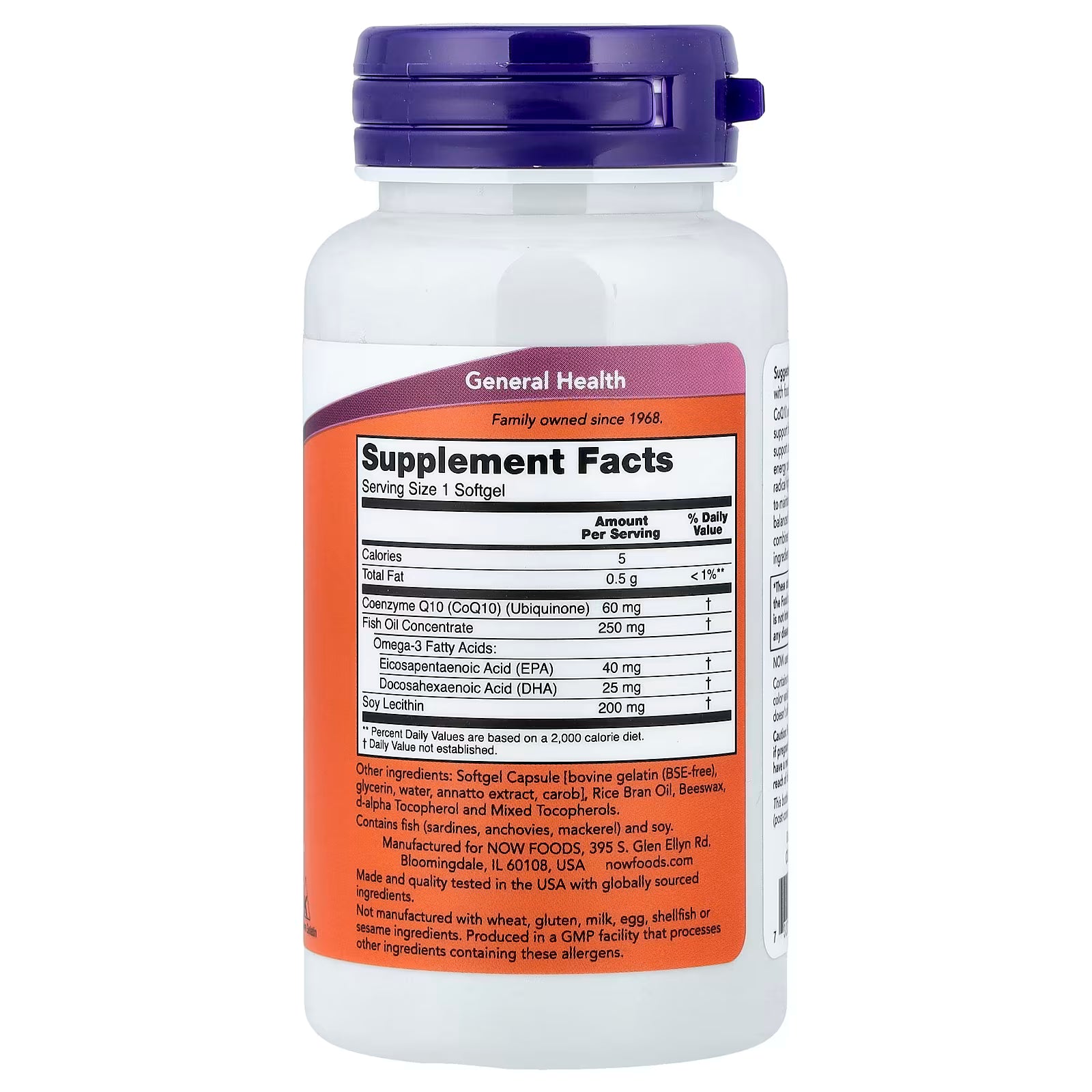 NOW Foods CoQ10 60mg + Fish Oil Supplement Facts – CoQ10 60mg, Fish Oil Concentrate 250mg, EPA 40mg, DHA 25mg, Soy Lecithin 200mg, GMP Quality Assured, Made in USA – docxora.com
