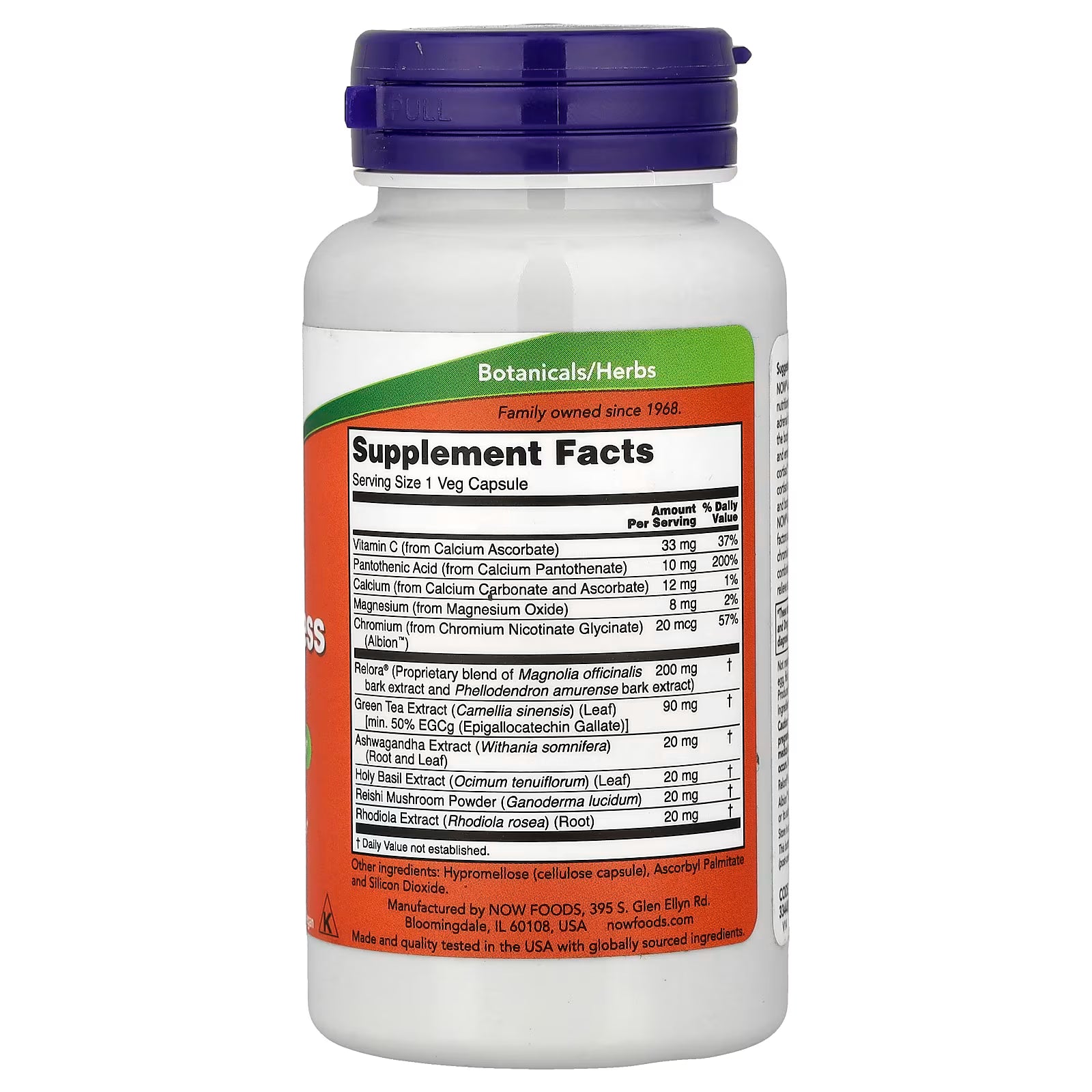 NOW Foods Adrenal Stress Support Supplement Facts – Relora 200mg, Vitamin C, Pantothenic Acid, Ashwagandha, Holy Basil, Reishi, Rhodiola – GMP Certified, Made in USA – docxora.com