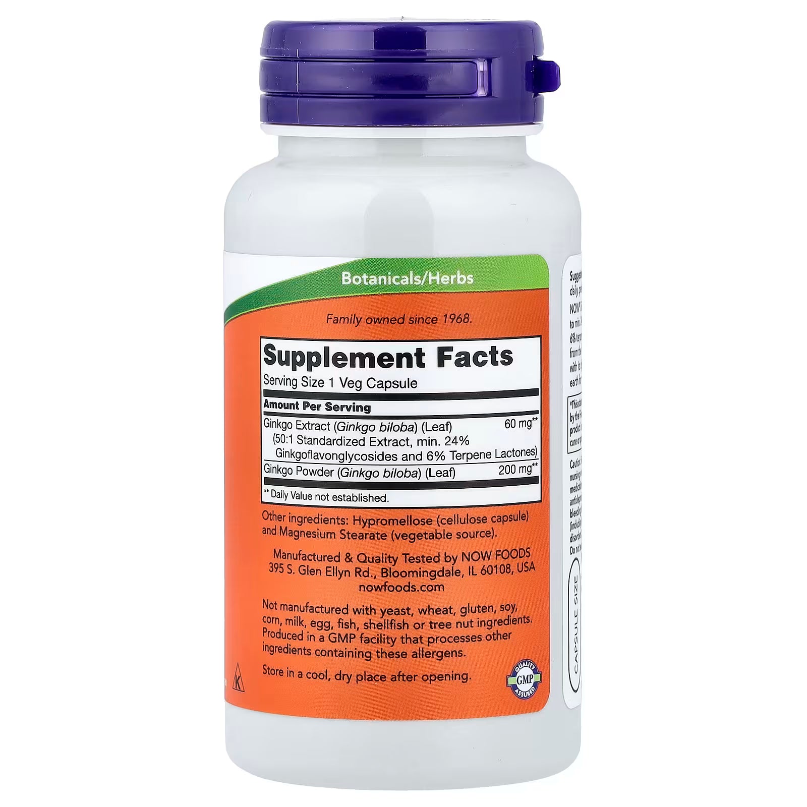 "Now Foods Ginkgo Biloba 60mg Supplement Facts - 50:1 Standardized Extract with 24% Ginkgoflavonglycosides and 6% Terpene Lactones - GMP Quality Assured"

