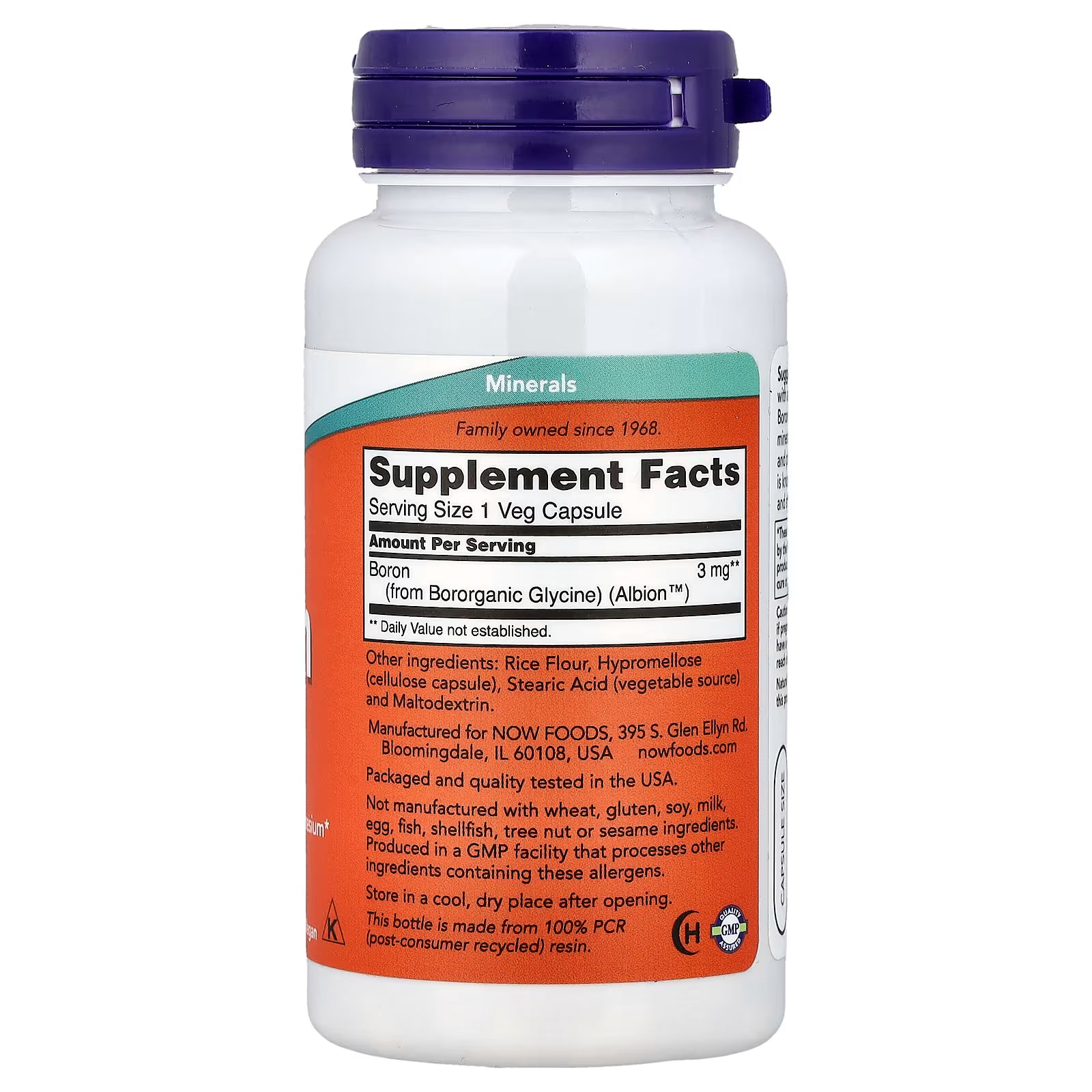 NOW Foods Boron 3mg Supplement Facts Label - Serving Size 1 Veg Capsule, Boron 3mg from Bororganic Glycine (Albion), Other Ingredients Rice Flour Hypromellose Stearic Acid Maltodextrin, GMP Certified, Packaged and Quality Tested in USA - docxora.com

