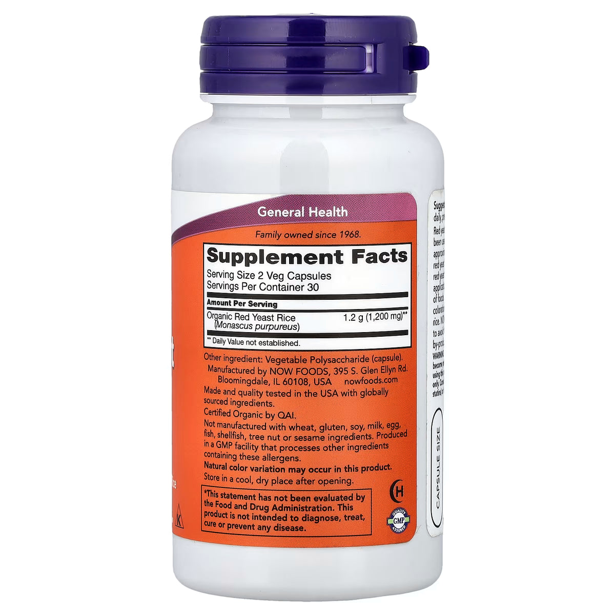 Organic Red Yeast Rice 1200mg per serving, GMP Certified, Certified Organic by QAI, Made in USA