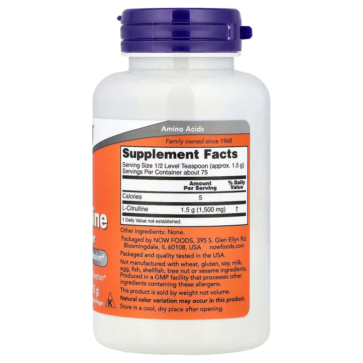 NOW Foods L-Citrulline Pure Powder 113g bottle, back view showing supplement facts and ingredients, docxora.com Pakistan.