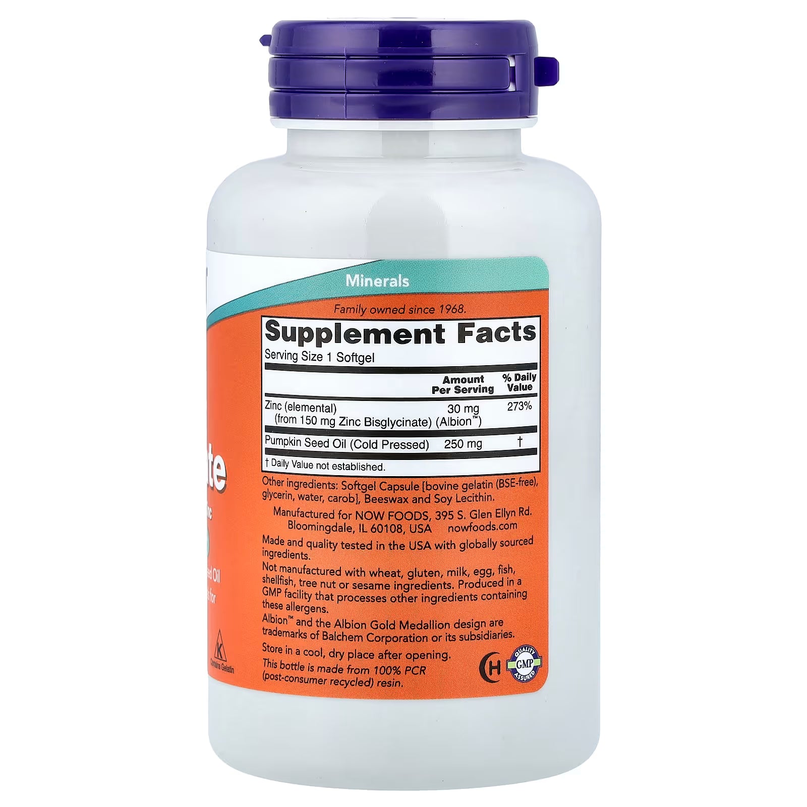NOW Foods Zinc Glycinate 30mg Supplement Facts - Serving Size 1 Softgel, Zinc Elemental 30mg (273% DV) from 150mg Zinc Bisglycinate Albion, Pumpkin Seed Oil 250mg, GMP Quality Assured, Made in USA - docxora.com
