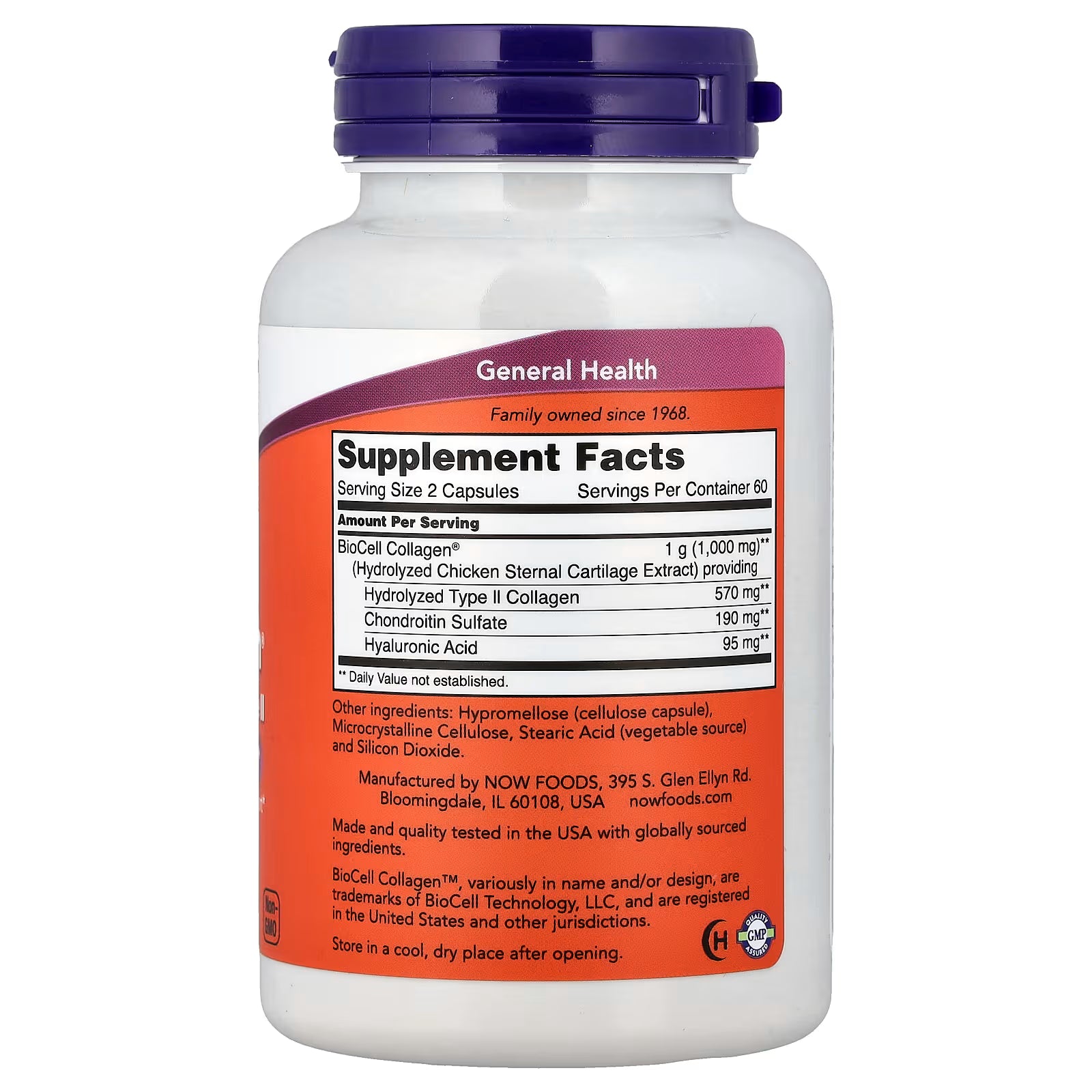 NOW Foods BioCell Collagen Supplement Facts – 1000mg BioCell Collagen per serving with 570mg Type II Collagen, 190mg Chondroitin Sulfate, 95mg Hyaluronic Acid, GMP Certified, Made in USA – docxora.com
