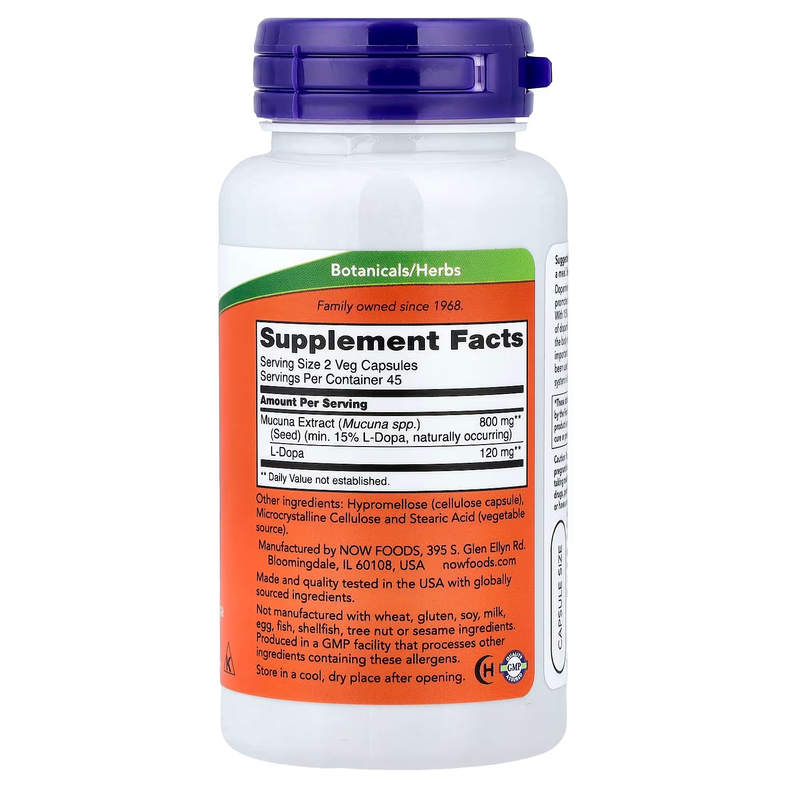 NOW Foods Dopa Mucuna Supplement Facts – Mucuna Extract 800mg (min. 15% L-Dopa) + L-Dopa 120mg per Serving, GMP Certified, Made in USA – docxora.com
