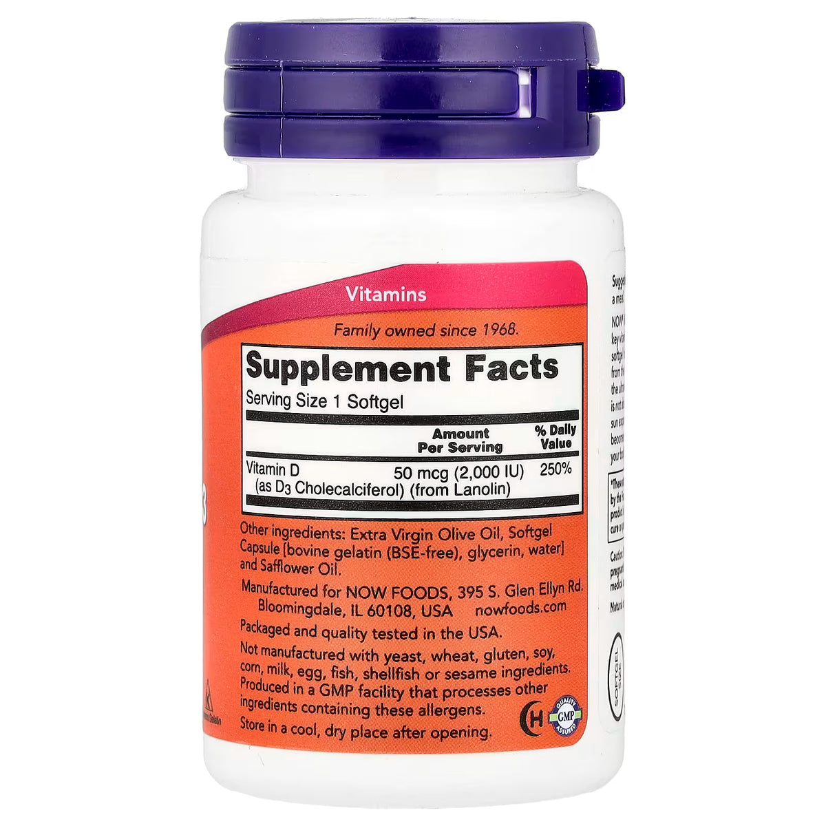 NOW Foods Vitamin D-3 2000 IU Supplement Facts - Vitamin D 50mcg from D3 Cholecalciferol Lanolin - Extra Virgin Olive Oil Bovine Softgel - GMP Certified Family Owned Since 1968 - docxora.com