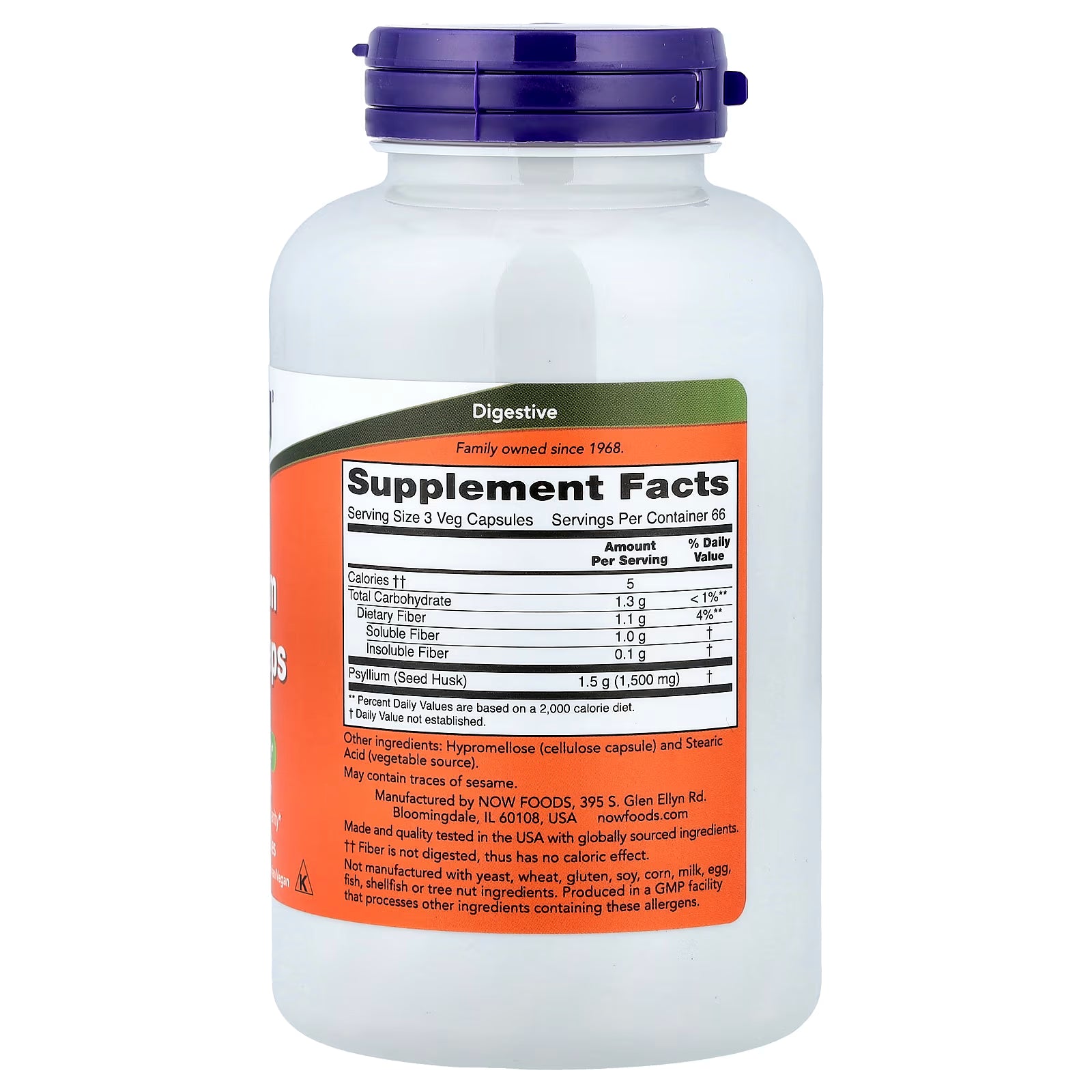 NOW Foods Psyllium Husk Caps 500mg Supplement Facts – 1500mg Psyllium Seed Husk per serving, 1.1g Dietary Fiber, Non-GMO, GMP Certified, Made in USA – docxora.com
