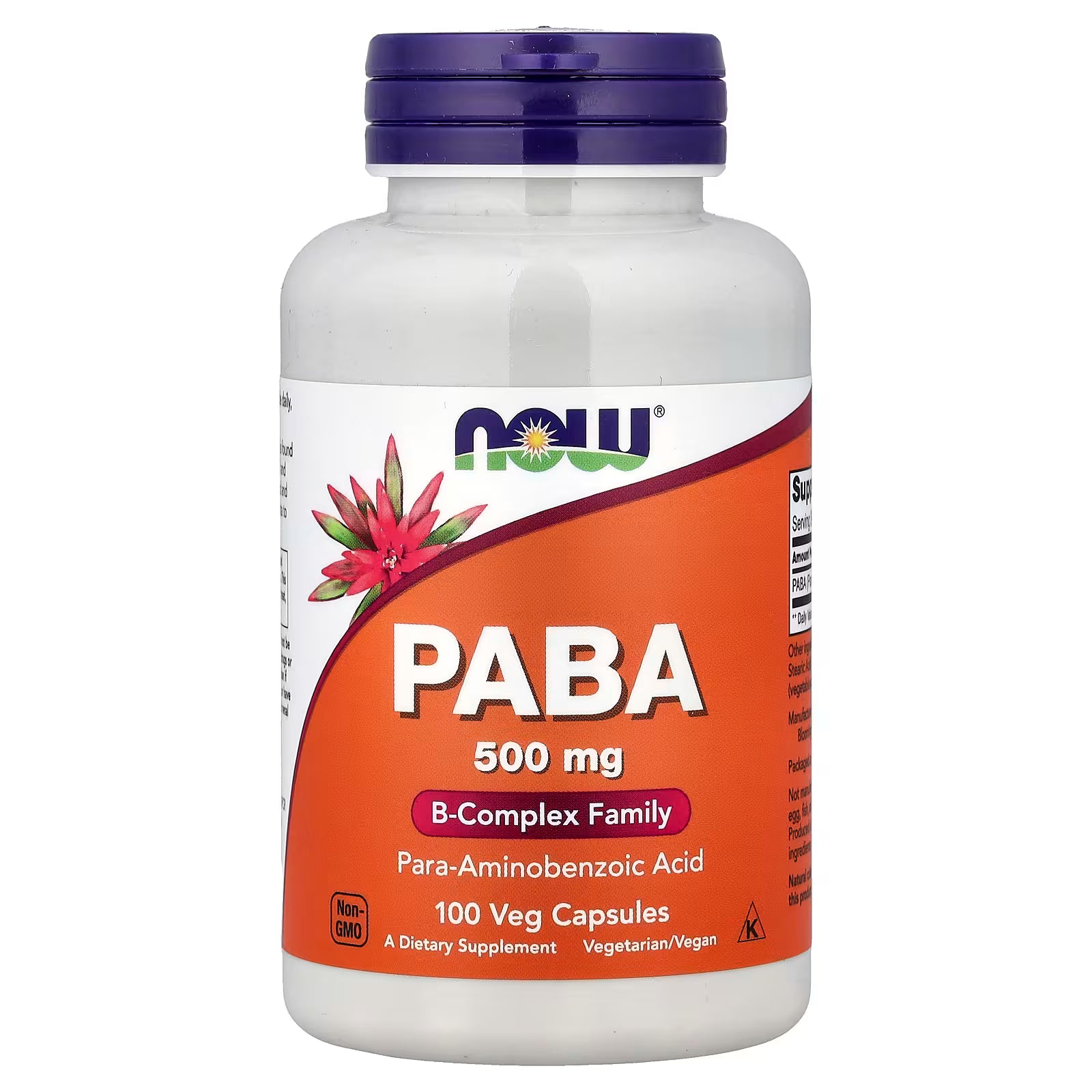 NOW Foods PABA 500mg 100 Veg Capsules – Para-Aminobenzoic Acid B-Complex Family, Non-GMO, Vegetarian/Vegan – Available at docxora.com Pakistan
