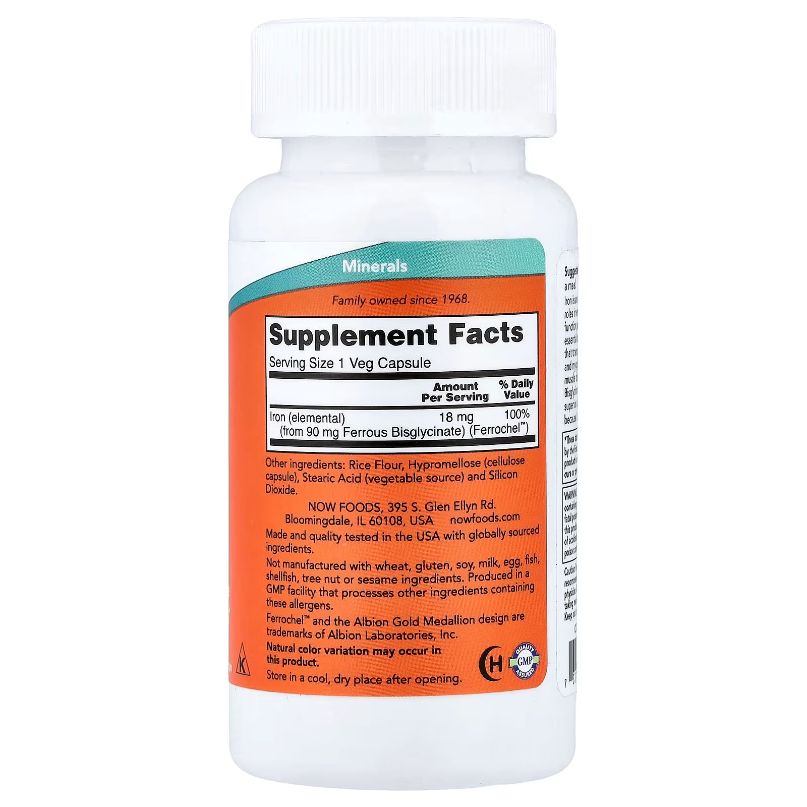 NOW Foods Iron 18mg Supplement Facts Label - Serving Size 1 Veg Capsule, Iron Elemental 18mg 100% DV from 90mg Ferrous Bisglycinate Ferrochel™, Other Ingredients Rice Flour Hypromellose Stearic Acid Silicon Dioxide, GMP Quality Assured, Made in USA - docxora.com
