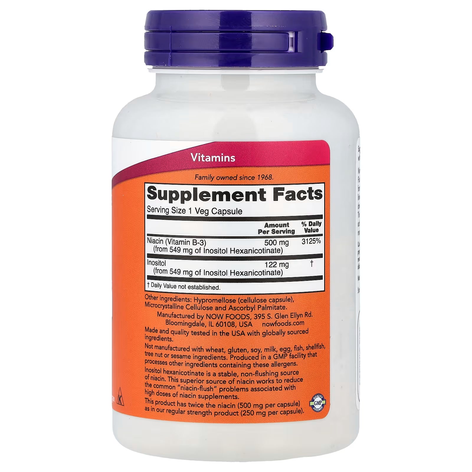 NOW Foods Flush-Free Niacin 500mg Supplement Facts – Niacin (Vitamin B-3) 500mg 3125% DV from Inositol Hexanicotinate, Inositol 122mg, GMP Quality Assured, Made in USA – docxora.com
