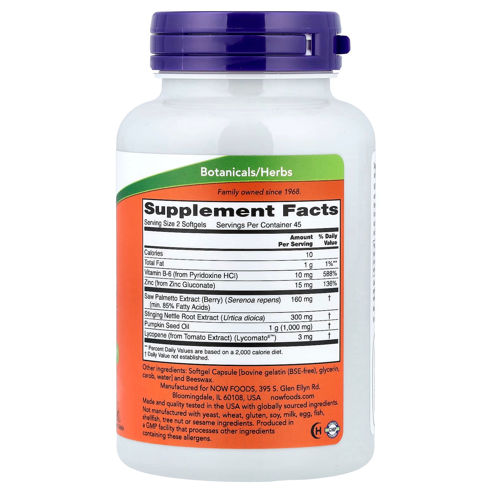 NOW Foods Prostate Support Supplement Facts – Vitamin B-6 10mg, Zinc 15mg, Saw Palmetto Extract 160mg, Stinging Nettle 300mg, Pumpkin Seed Oil 1000mg, Lycopene 3mg – GMP Certified, Made in USA – docxora.com

