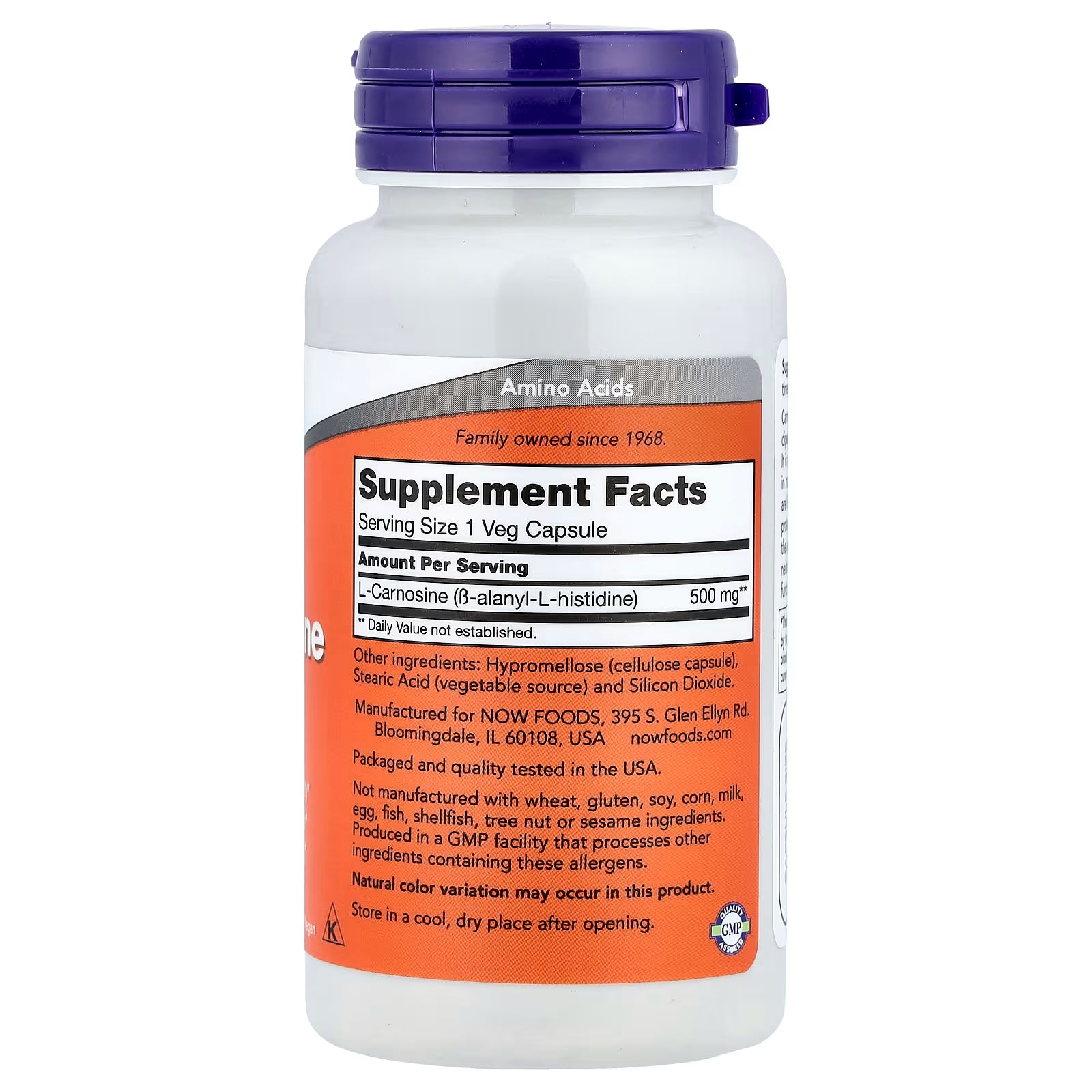 NOW Foods L-Carnosine 500mg Supplement Facts – Serving Size 1 Veg Capsule, L-Carnosine (ß-alanyl-L-histidine) 500mg, GMP Certified, Packaged and Quality Tested in USA – docxora.com
