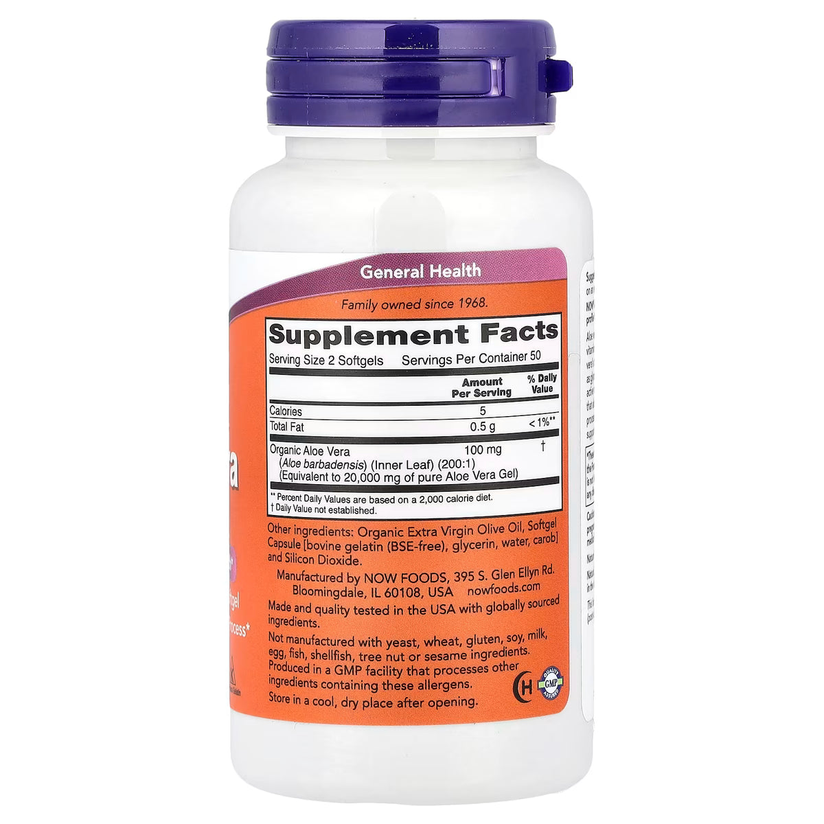 NOW Foods Aloe Vera Gels Supplement Facts – Serving Size 2 Softgels, Organic Aloe Vera 100mg (20,000mg Equivalency), GMP Certified, Made in USA – docxora.com Pakistan
