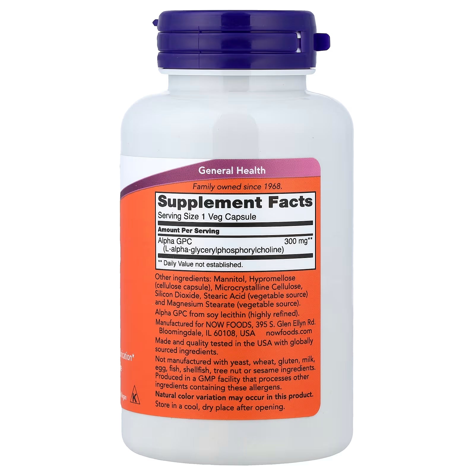 NOW Foods Alpha GPC 300mg Supplement Facts – L-alpha-glycerylphosphorylcholine 300mg per Veg Capsule, from Soy Lecithin (Highly Refined), GMP Quality Assured, Made in USA – docxora.com
