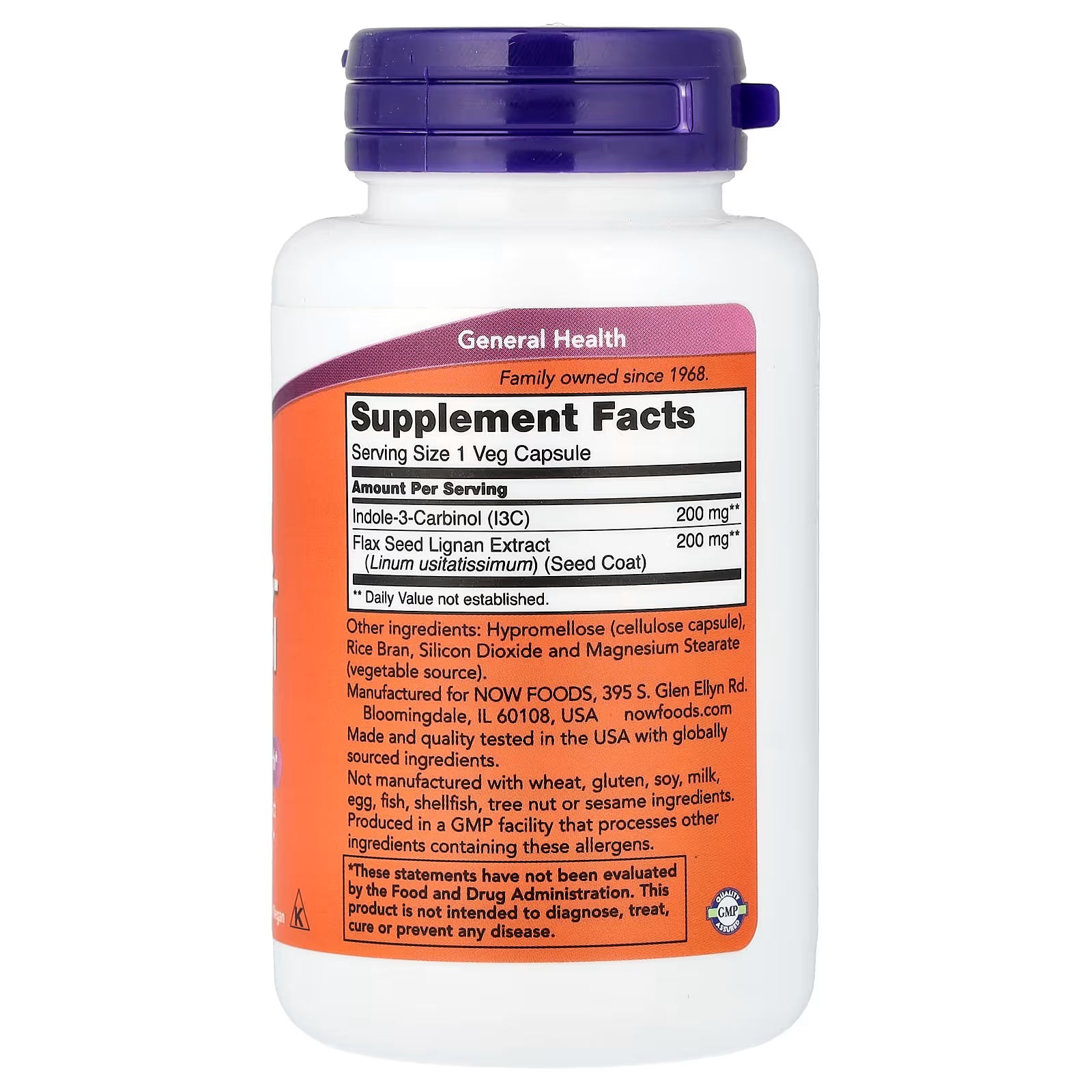 NOW Foods Indole-3-Carbinol I3C 200mg Supplement Facts - Indole-3-Carbinol 200mg, Flax Seed Lignan Extract 200mg per Veg Capsule, GMP Quality Assured, Family Owned Since 1968 - docxora.com

