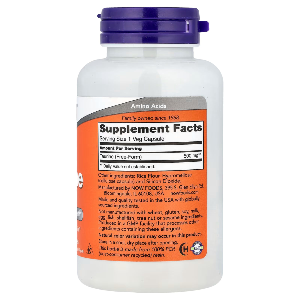 NOW Foods Taurine 500mg Supplement Facts – Serving Size 1 Veg Capsule, Taurine (Free-Form) 500mg, Other Ingredients Rice Flour Hypromellose Silicon Dioxide, GMP Quality Assured, Made in USA – docxora.com
