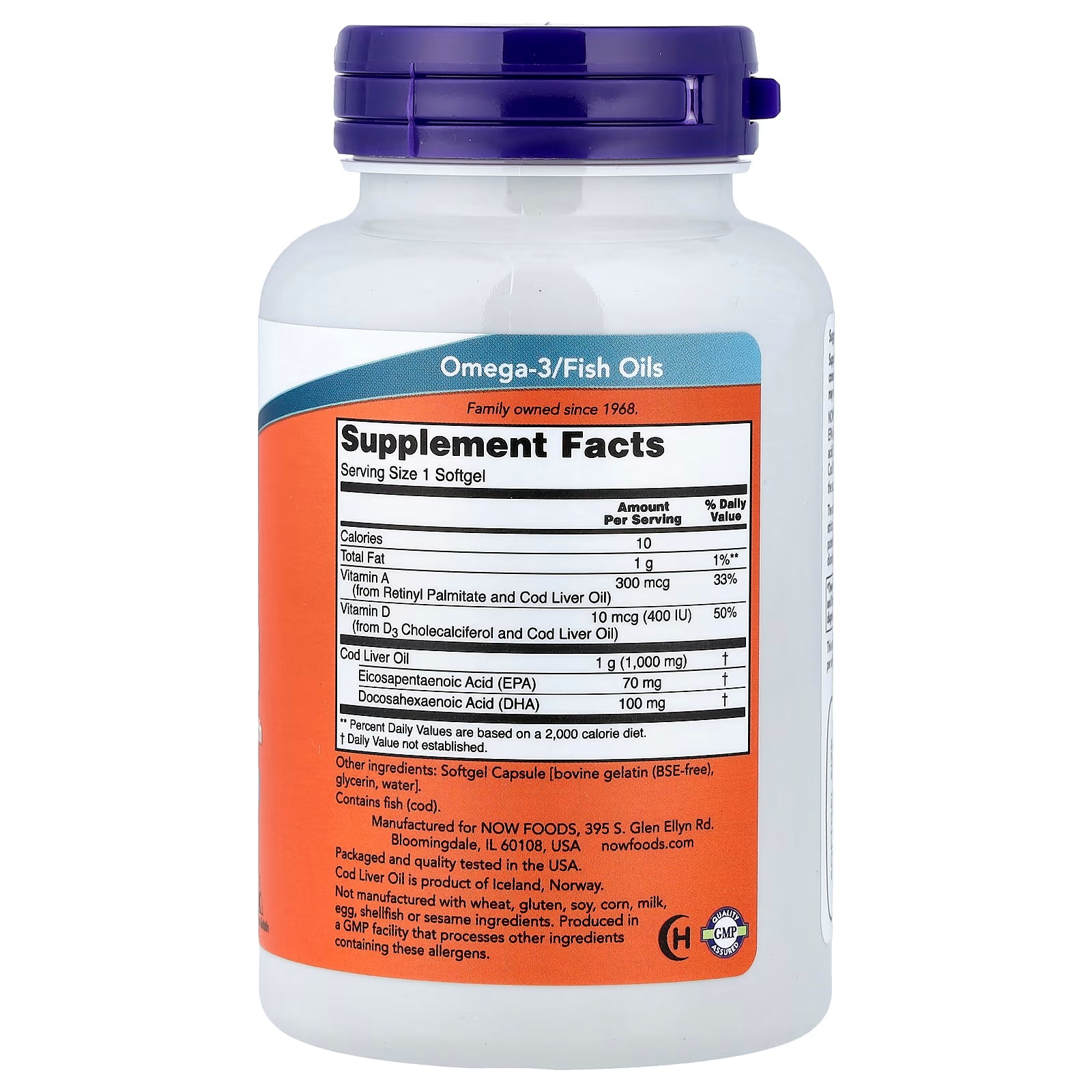 NOW Foods Cod Liver Oil 1000mg Supplement Facts – Vitamin A 300mcg, Vitamin D 400IU, EPA 70mg, DHA 100mg, GMP Certified, Product of Iceland – docxora.com
