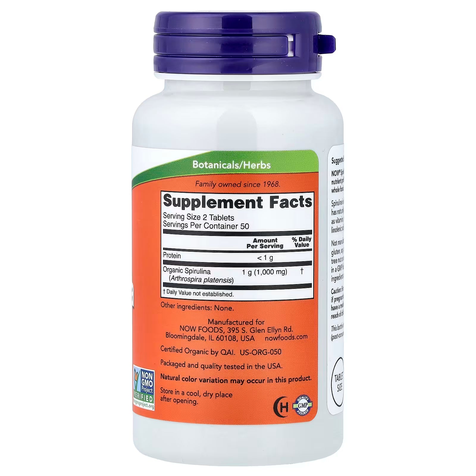 NOW Foods Certified Organic Spirulina 500mg Supplement Facts – Serving Size 2 Tablets, Organic Spirulina (Arthrospira platensis) 1g per serving, Other Ingredients None, GMP Certified, Certified Organic by QAI US-ORG-050, Made in USA – docxora.com
