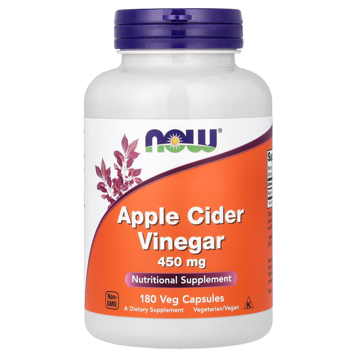 NOW Foods Apple Cider Vinegar 450mg, 180 veg capsules, front bottle view, docxora.com Pakistan