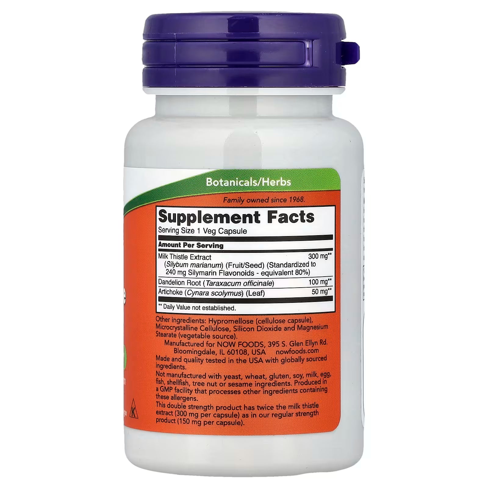 NOW Foods Milk Thistle Extract 300mg Supplement Facts Label – Silymarin 240mg, Dandelion Root 100mg, Artichoke 50mg, GMP Quality Assured, Made in USA – docxora.com
