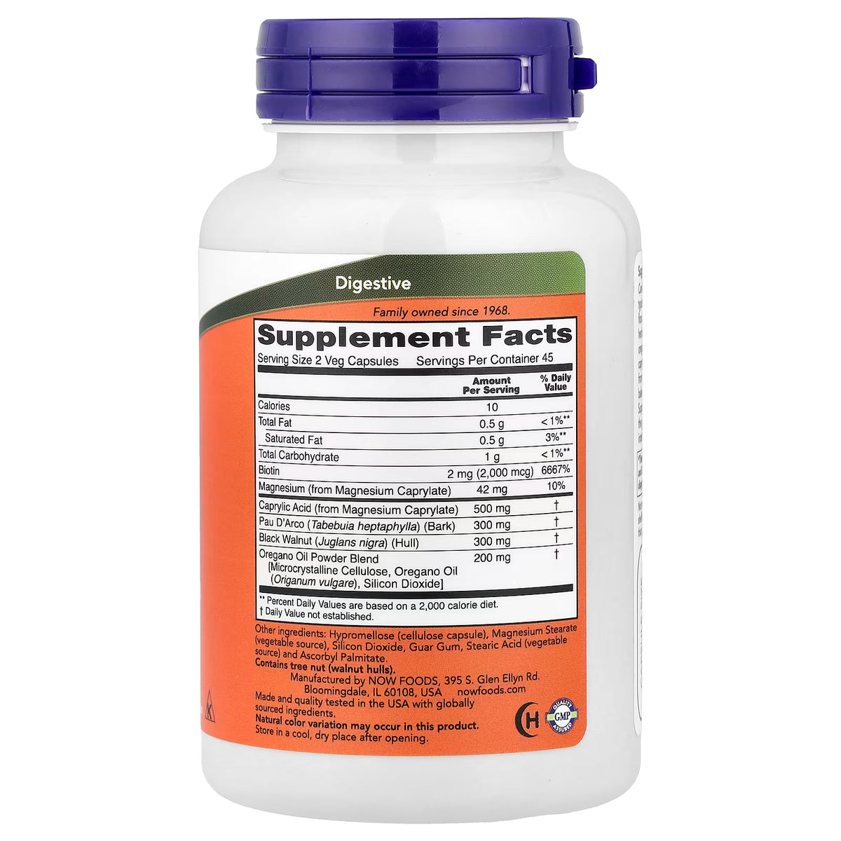 NOW Foods Candida Support 90 Veg Capsules bottle, back label showing Supplement Facts, white background | docxora.com Pakistan
