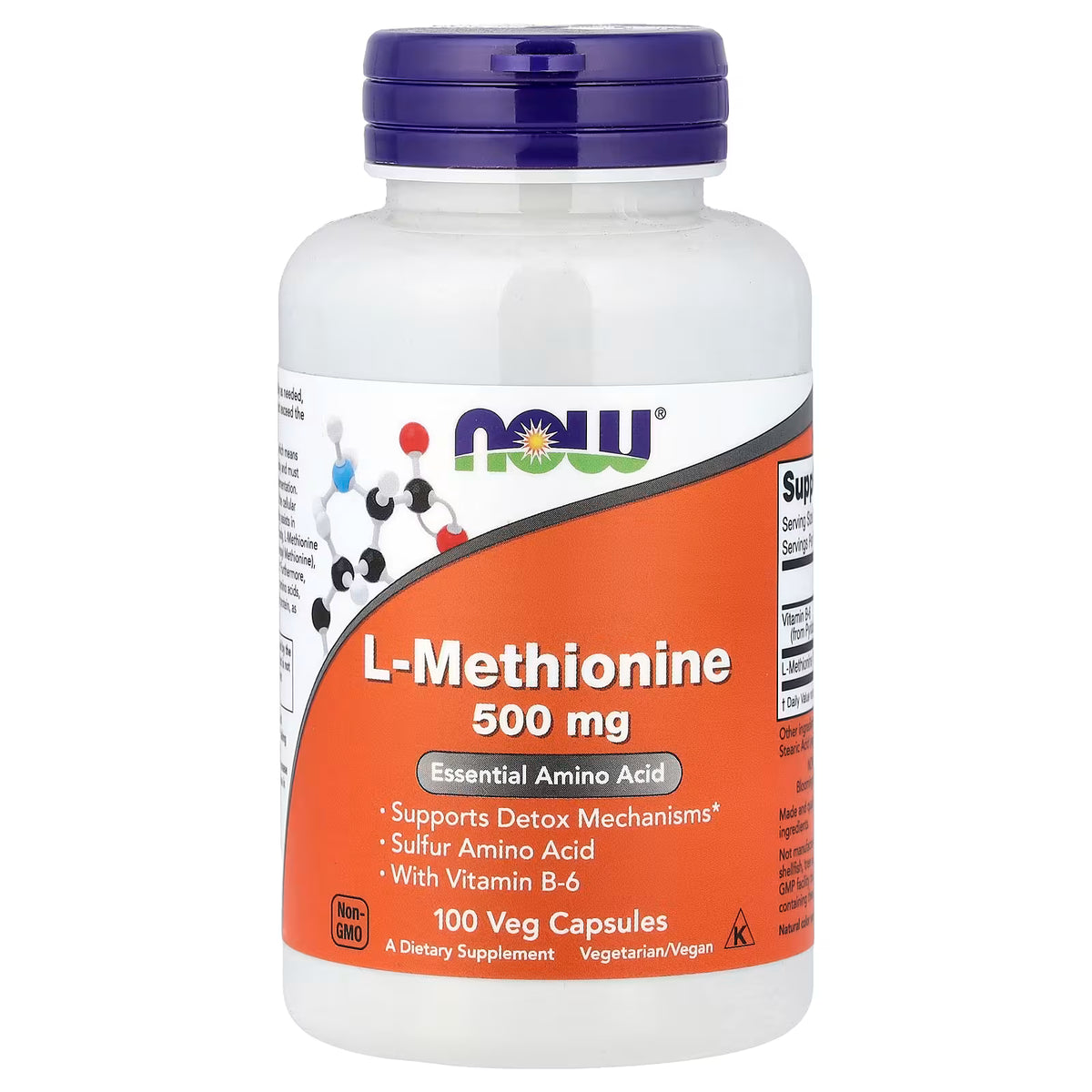 NOW Foods L-Methionine 500 mg with Vitamin B-6, 100 veg capsules bottle front view – docxora.com Pakistan

