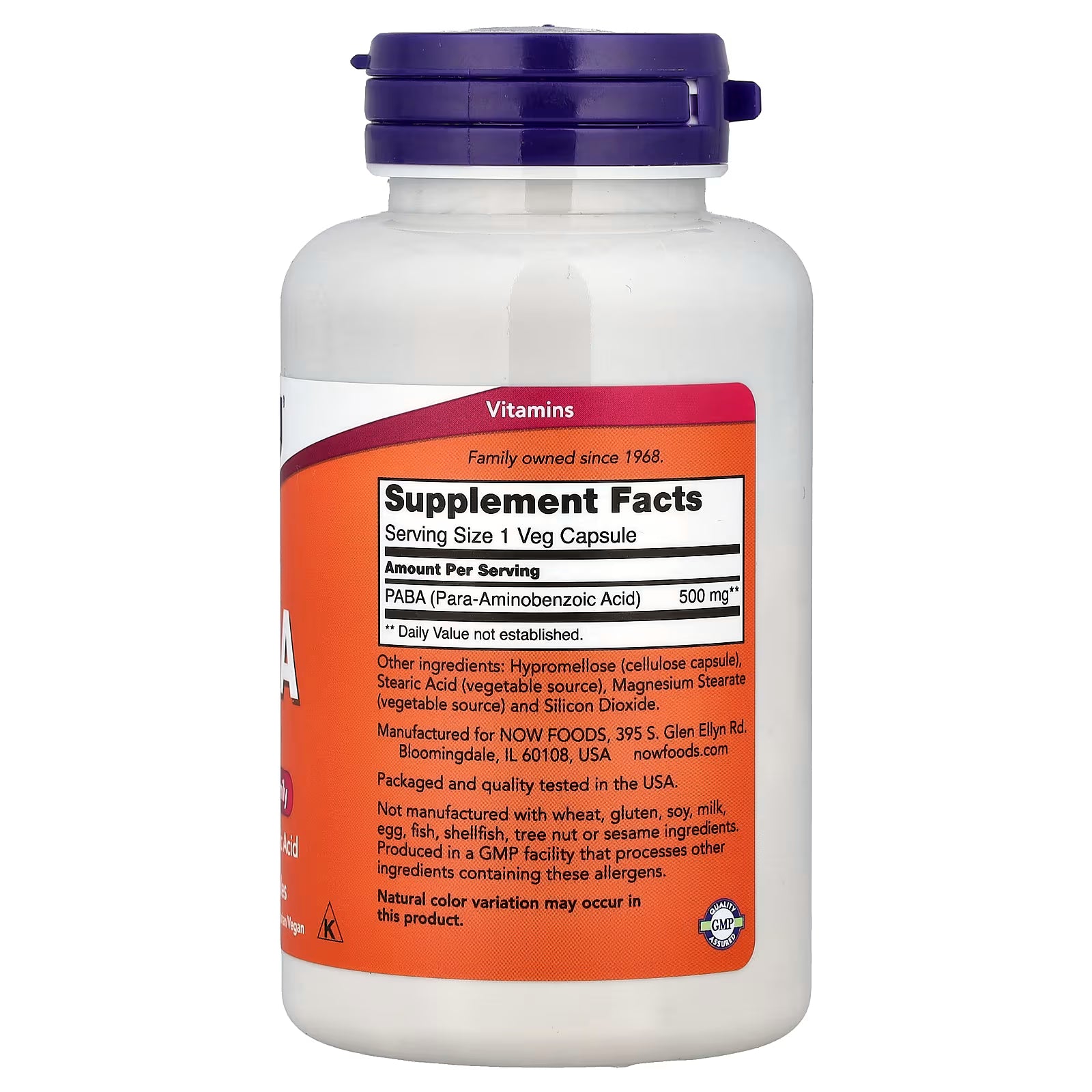 NOW Foods PABA 500mg Supplement Facts – Para-Aminobenzoic Acid 500mg per Veg Capsule, GMP Certified, Packaged and Quality Tested in USA – docxora.com
