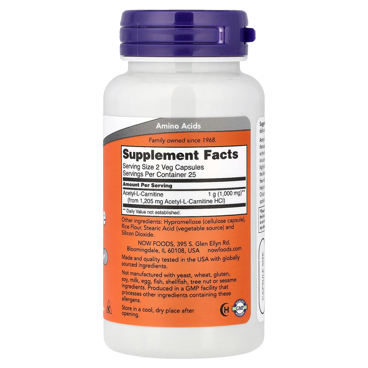 NOW Foods Acetyl-L-Carnitine 500mg Supplement Facts and ingredients, rear bottle view, docxora.com Pakistan