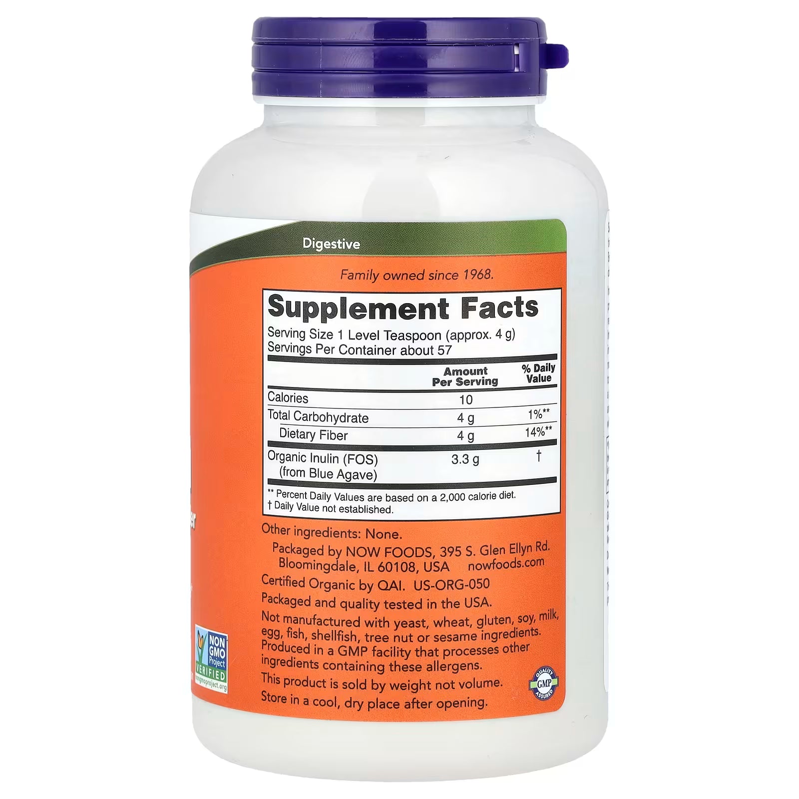 NOW Foods Organic Inulin Prebiotic Powder Supplement Facts – Serving Size 1 tsp (4g), 57 Servings, Dietary Fiber 4g (14% DV), Organic Inulin FOS from Blue Agave 3.3g, Certified Organic by QAI, GMP Quality Assured – docxora.com Pakistan
