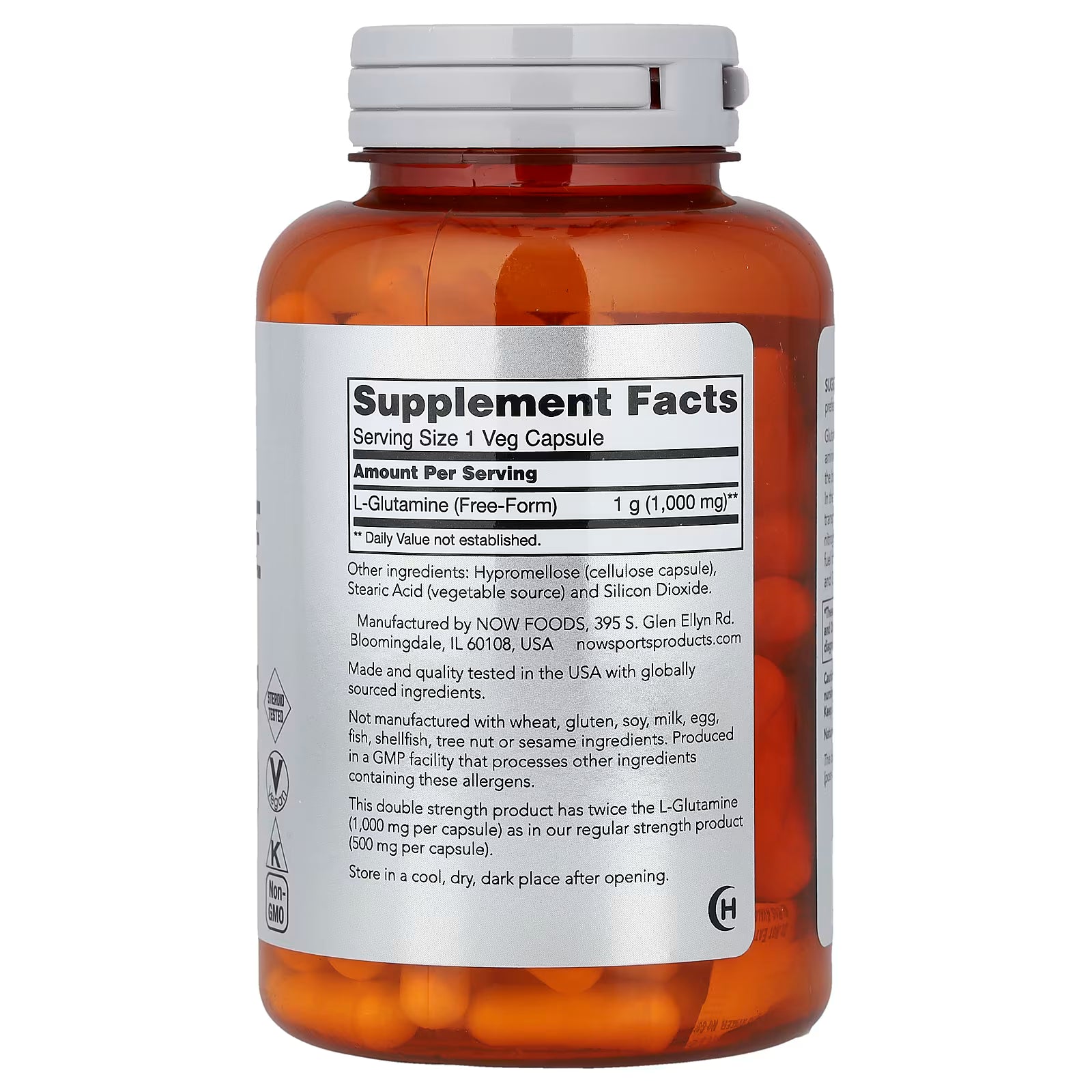 NOW Sports L-Glutamine 1000mg Supplement Facts Label – L-Glutamine Free-Form 1g per Veg Capsule, GMP Quality Assured, Made in USA – docxora.com
