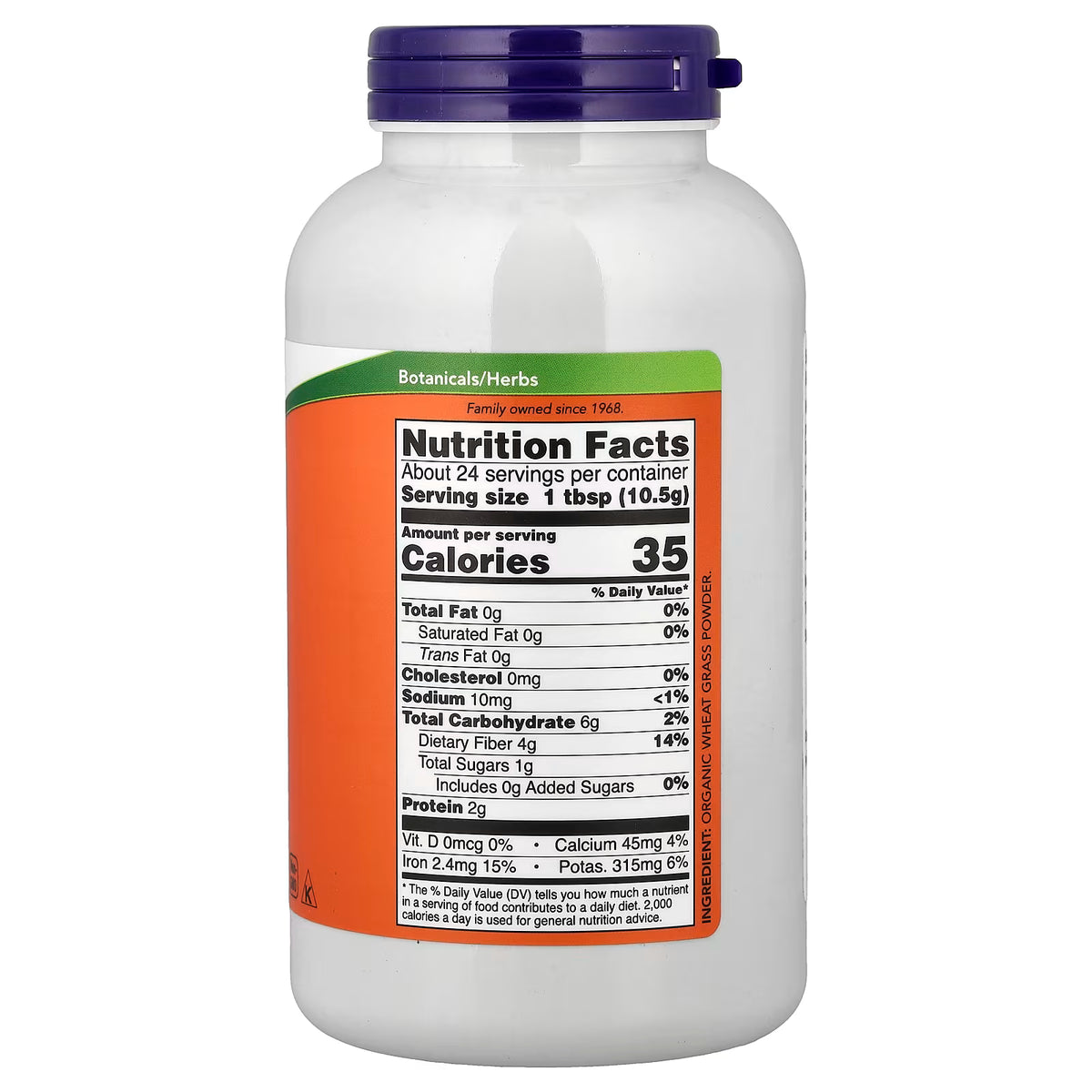 NOW Foods Organic Wheat Grass Powder Nutrition Facts – Serving Size 1 tbsp (10.5g), 35 Calories, Dietary Fiber 4g, Iron 2.4mg, Potassium 315mg – USDA Certified Organic – docxora.com
