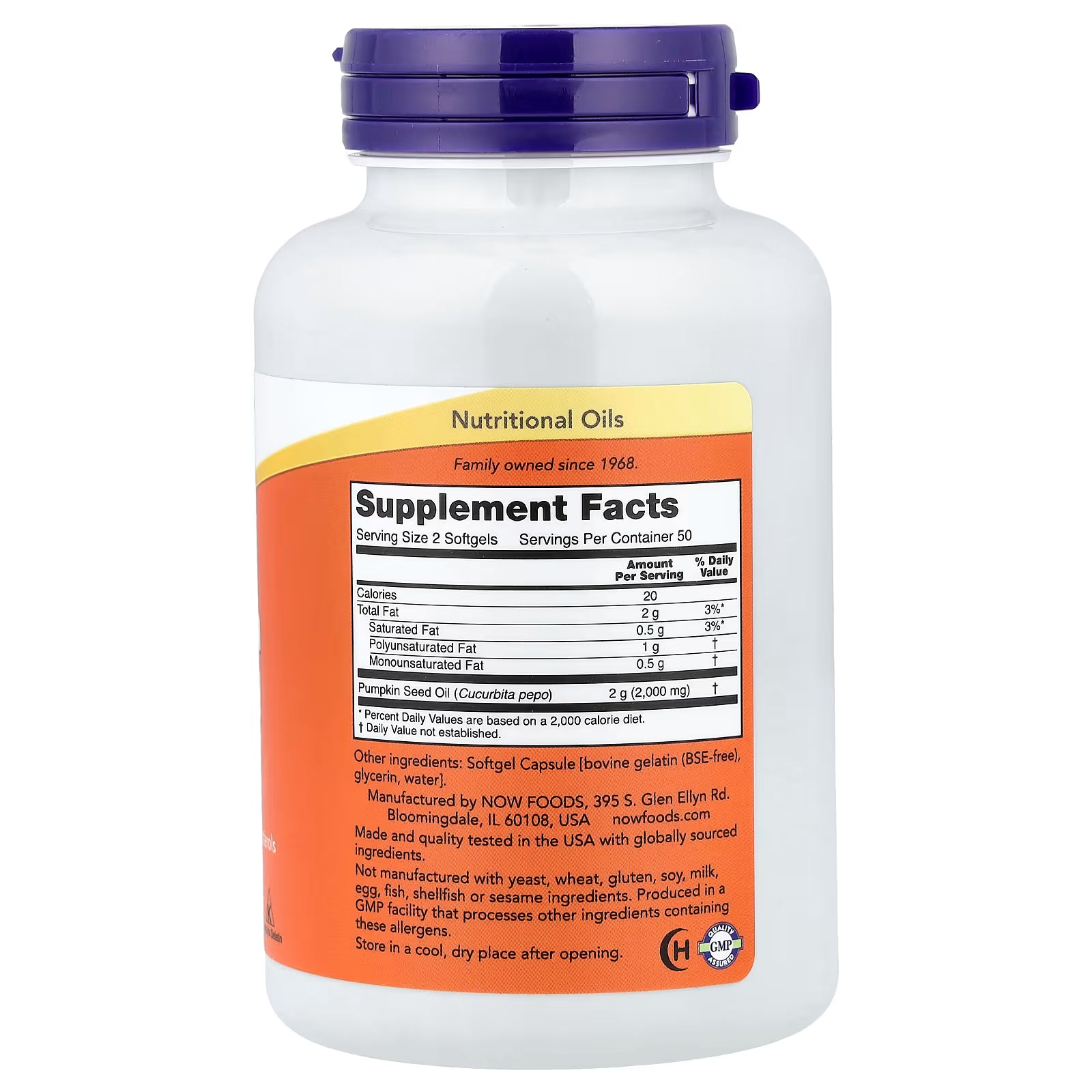 NOW Foods Pumpkin Seed Oil 1000mg Supplement Facts – Serving Size 2 Softgels (50 Servings), Pumpkin Seed Oil Cucurbita pepo 2g (2000mg), Total Fat 2g, Polyunsaturated Fat 1g, GMP Quality Assured, Made in USA – docxora.com Pakistan
